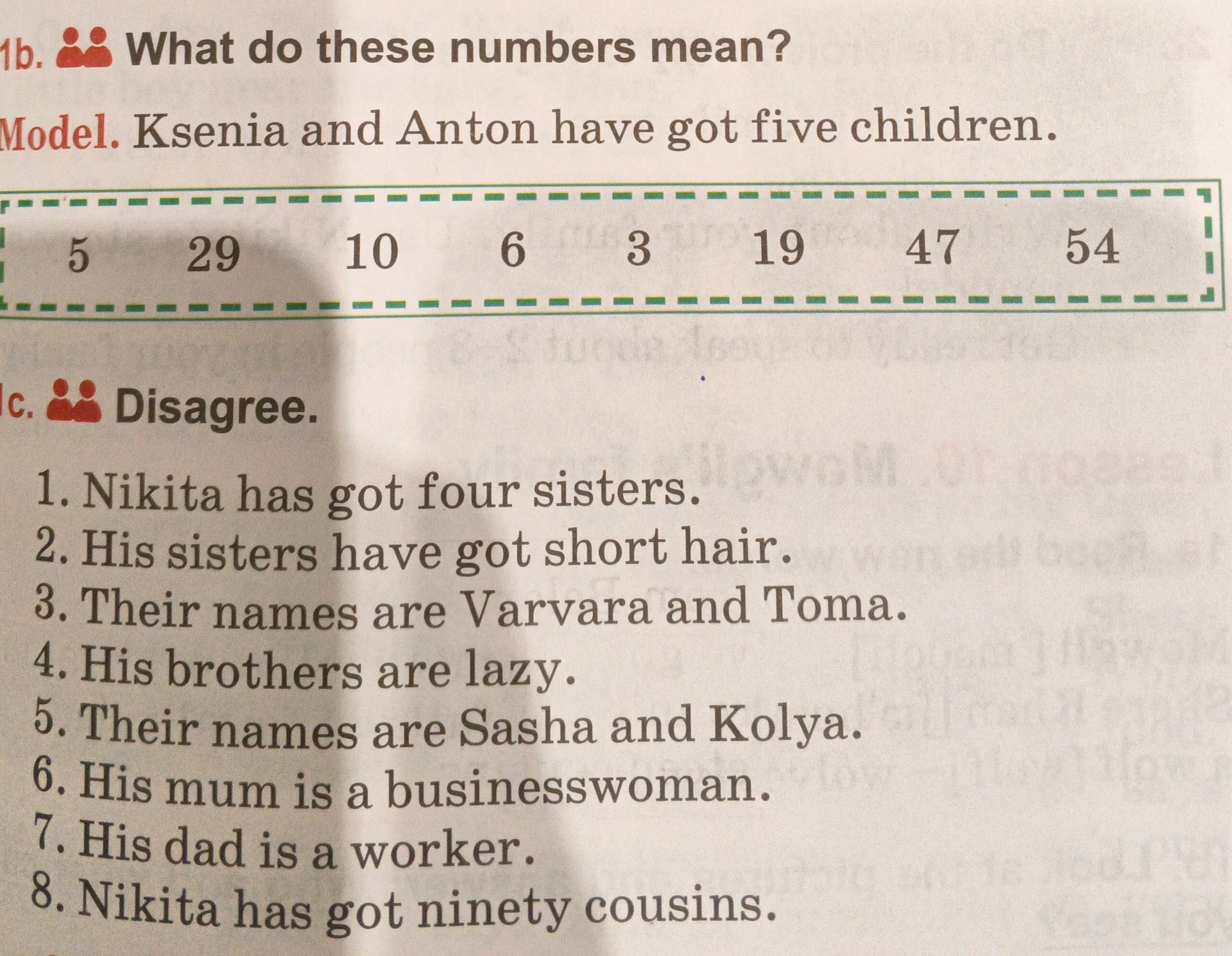 Фото задания: 1c. Disagree. 1. Nikita has got four sisters. 2. His sisters have got short hair. 3. Their names are Varvara and Toma. 4. His…