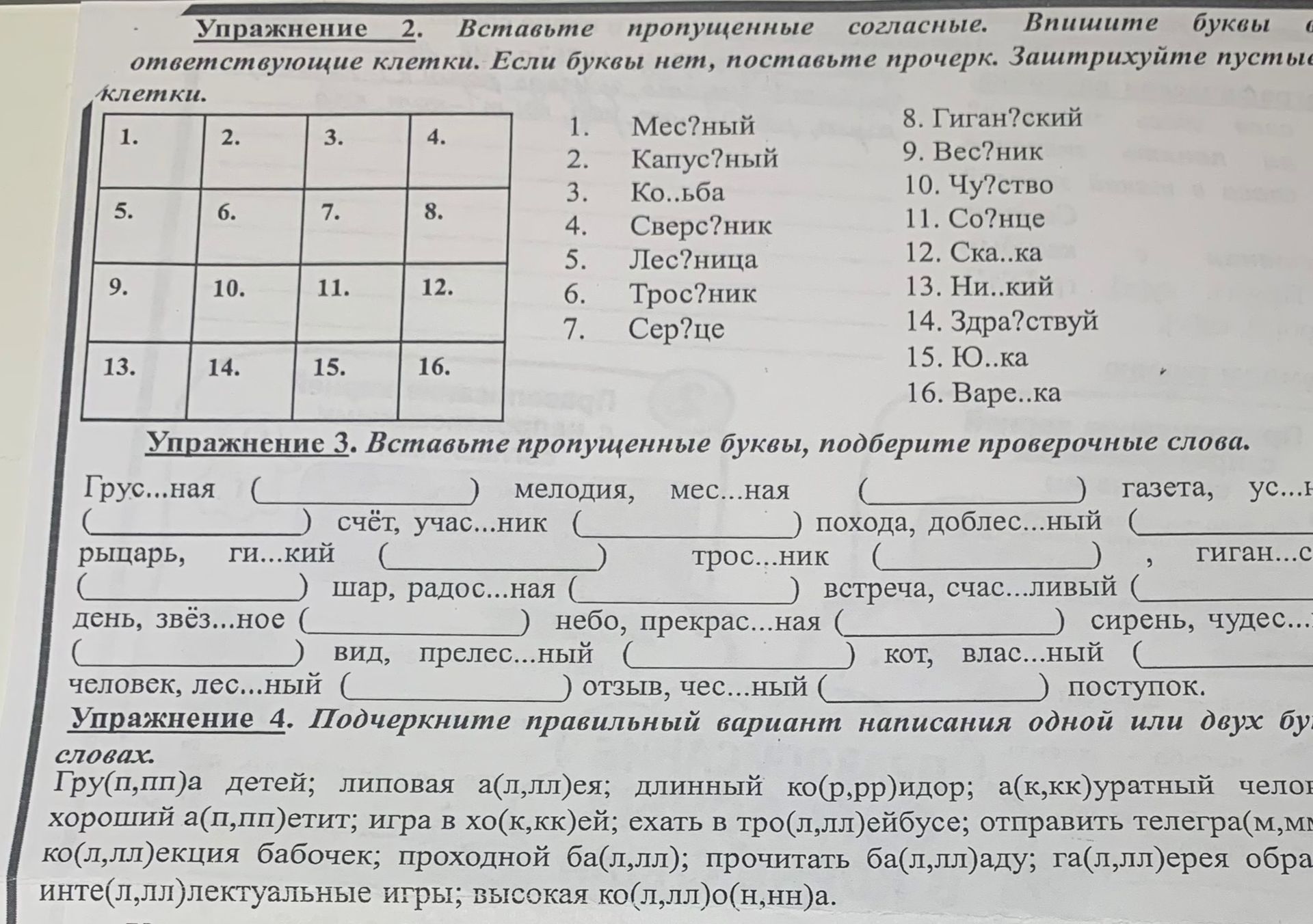 Фото задания: Упражнение 2. Вставьте пропущенные согласные. Впишите буквы в соответствующие клетки. Если буквы нет, поставьте прочерк.…