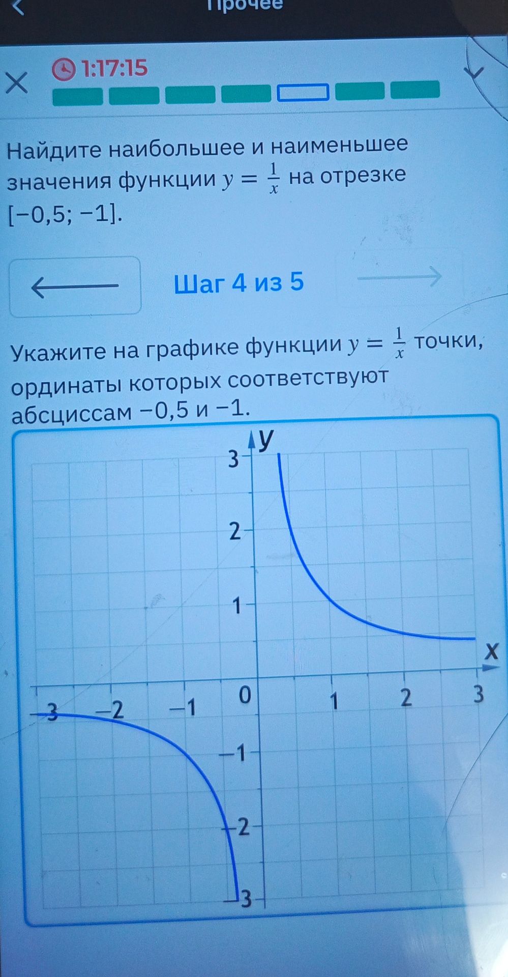 Фото задания: Найдите наибольшее и наименьшее значения функции \(y=\frac{1}{x}\) на отрезке [−0,5; −1]. Укажите на графике функции…
