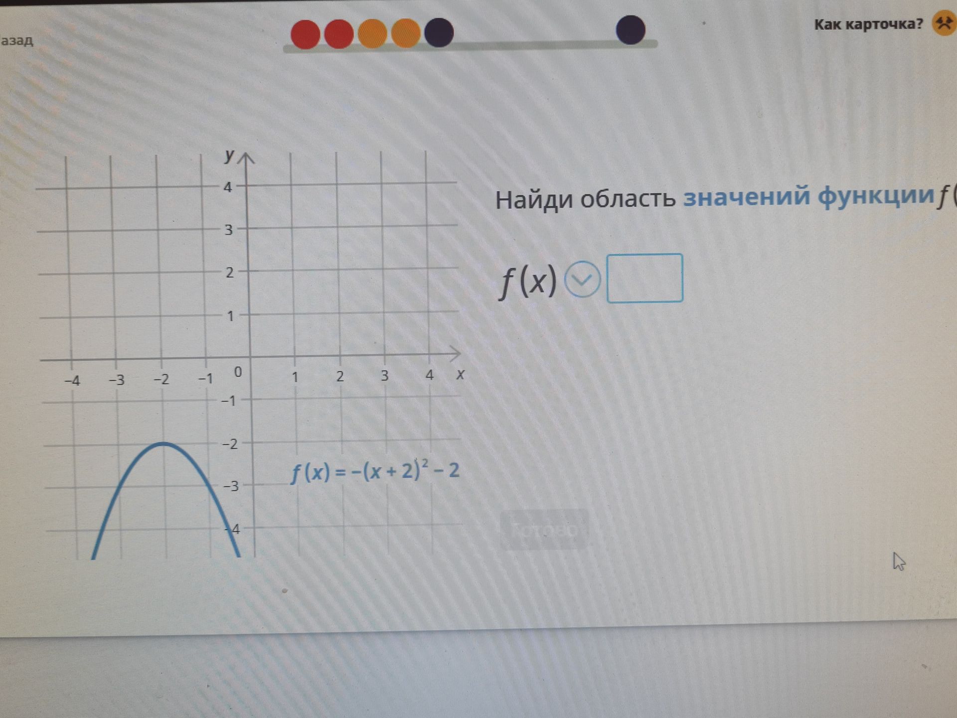 Фото задания: Найди область значений функции \(f(x)=-(x+2)^2-2\).