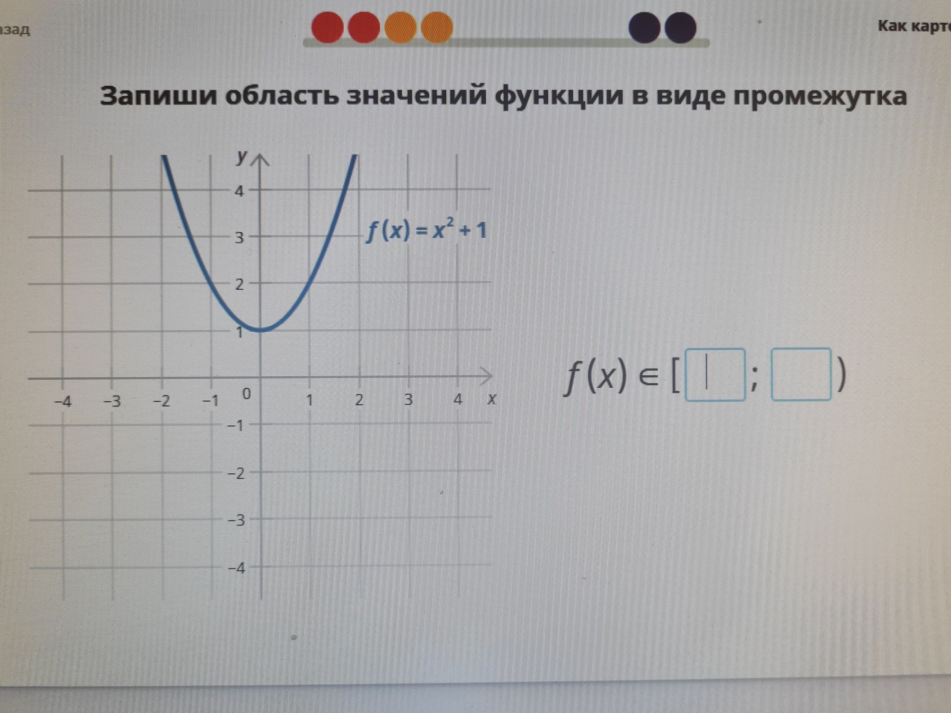 Фото задания: Запиши область значений функции в виде промежутка: \(f(x)=x^2+1\).