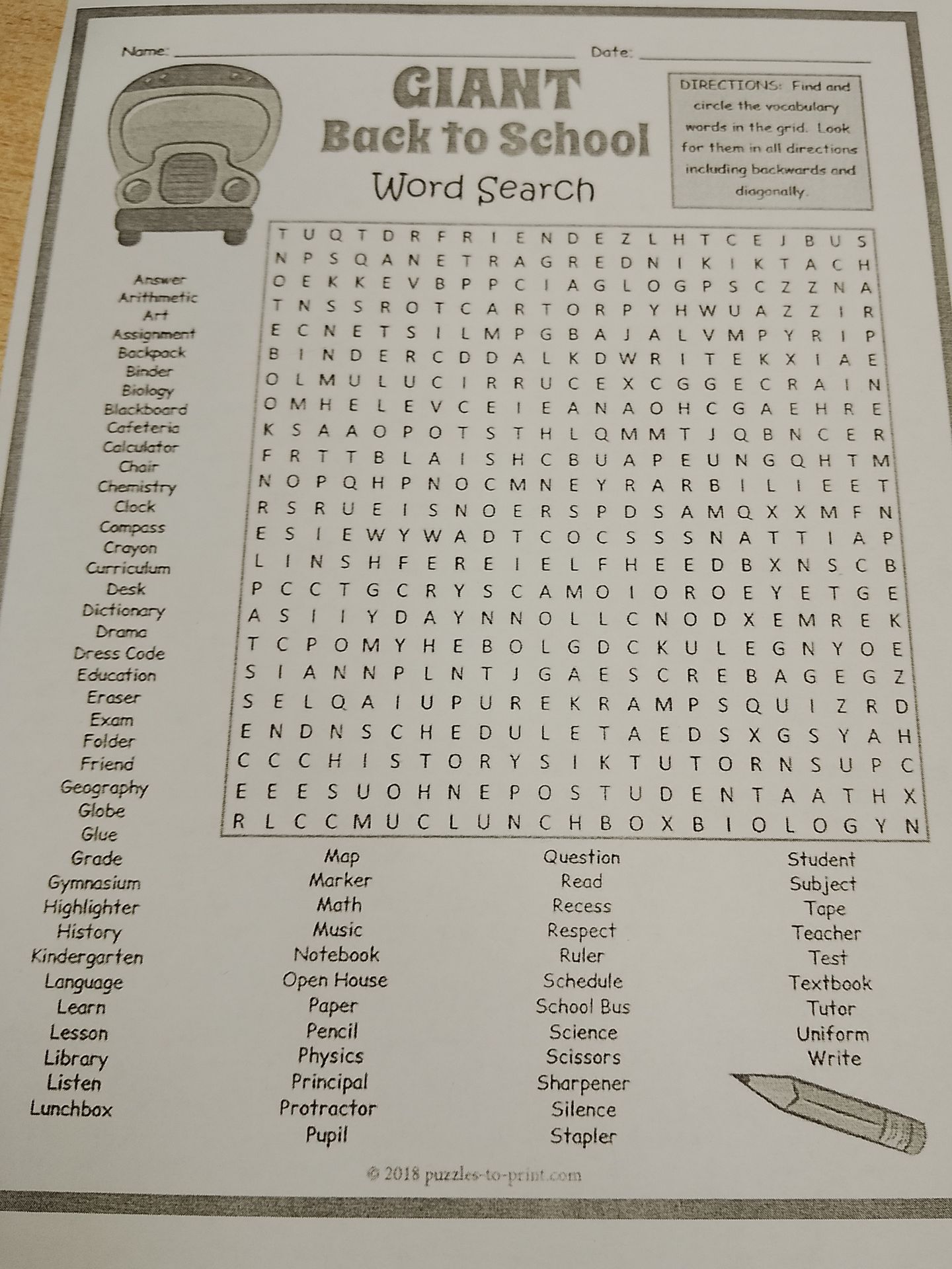 Фото задания: Giant Back to School Word Search. Directions: Find and circle the vocabulary words in the grid. Look for them in all…