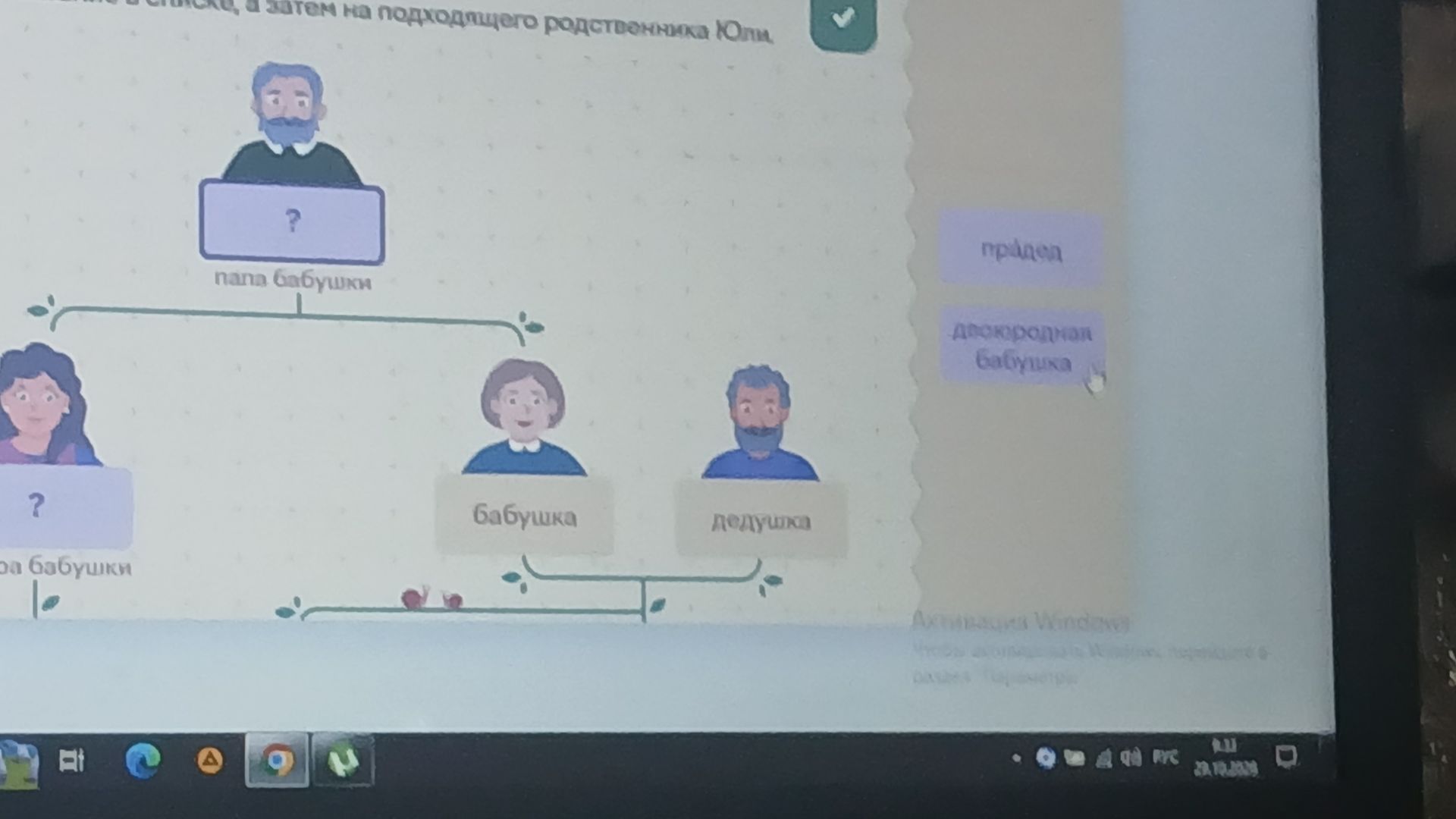 Фото задания: Заполни схему, выбрав подходящего родственника Юли: папа бабушки; сестра бабушки.