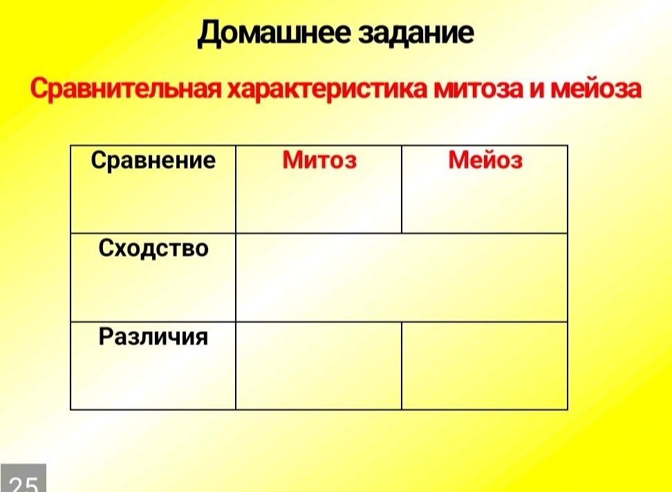 Фото задания: Сравнительная характеристика митоза и мейоза: заполнить таблицу «Сходство — Различия».