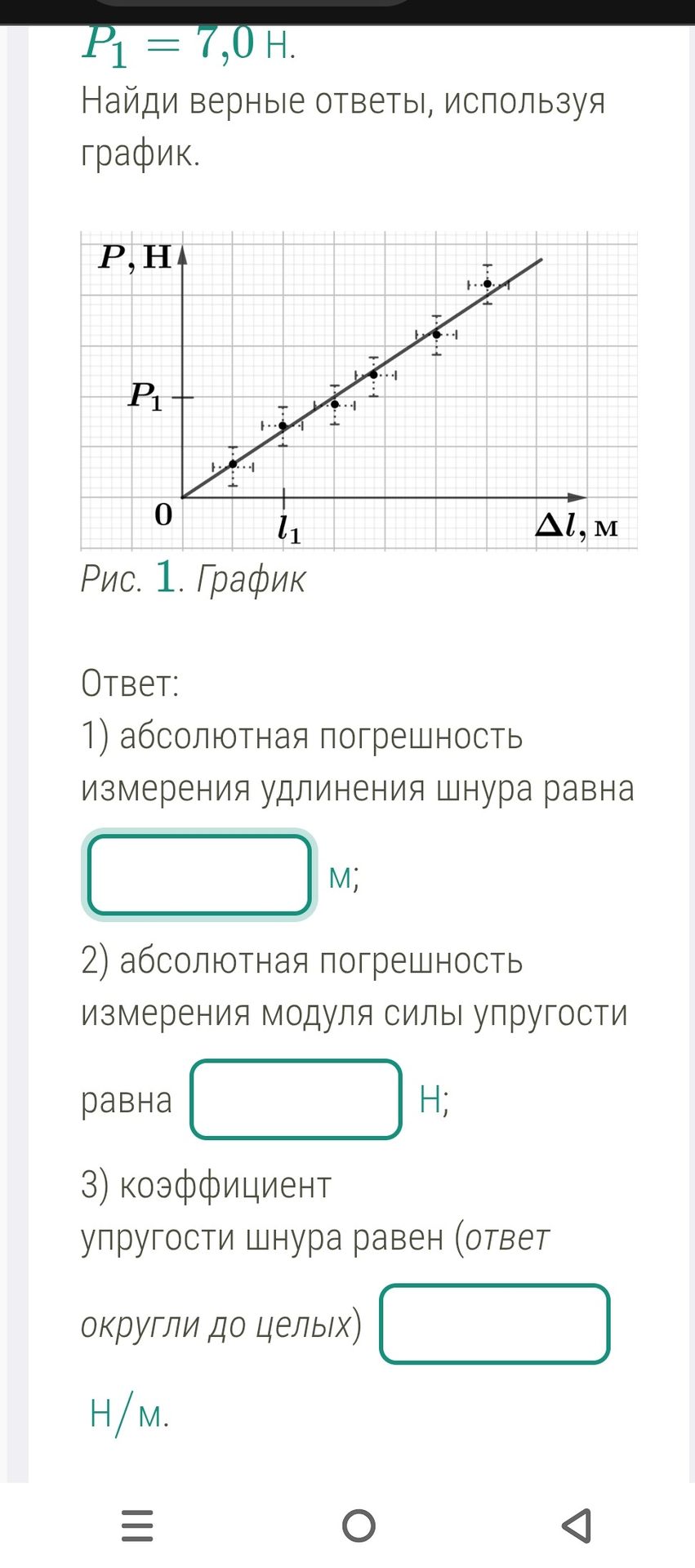 Фото задания: [Начало условия обрезано] P₁ = 7,0 Н. Найди верные ответы, используя график: 1) абсолютная погрешность измерения удлинения…