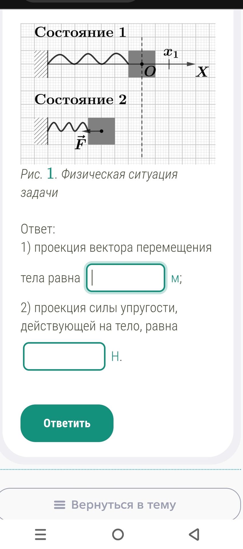 Фото задания: По рис. 1 определите: 1) проекцию вектора перемещения тела из состояния 1 в состояние 2; 2) проекцию силы упругости,…