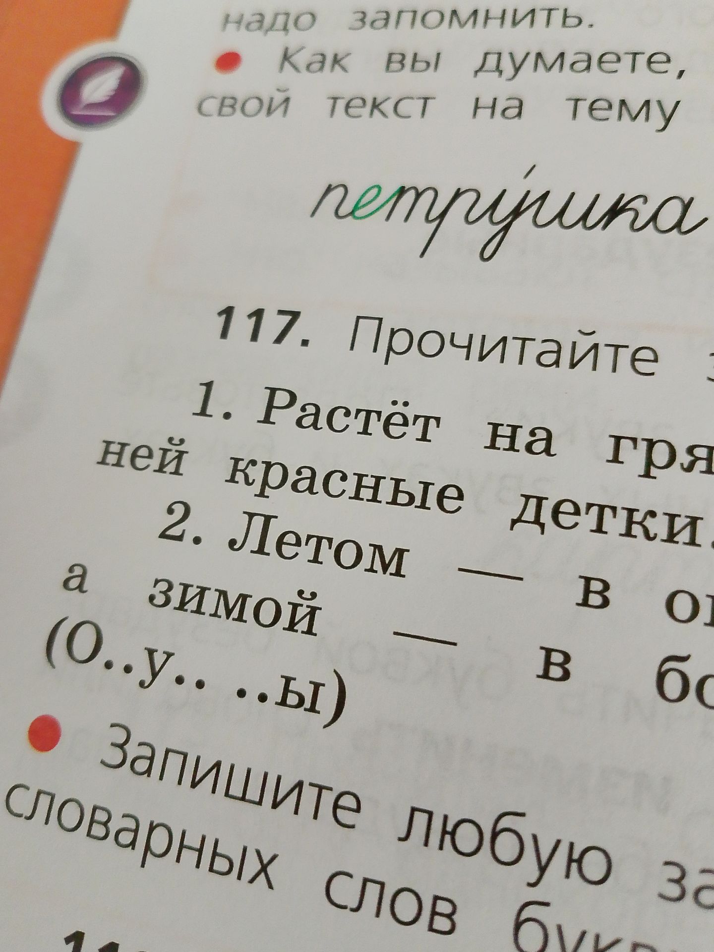 Фото задания: 117. Прочитайте [текст обрезан]. 1. Растёт на гря[дке?] … ней красные детки. 2. Летом — … в …, а зимой — … в … (О..у.. ..ы).