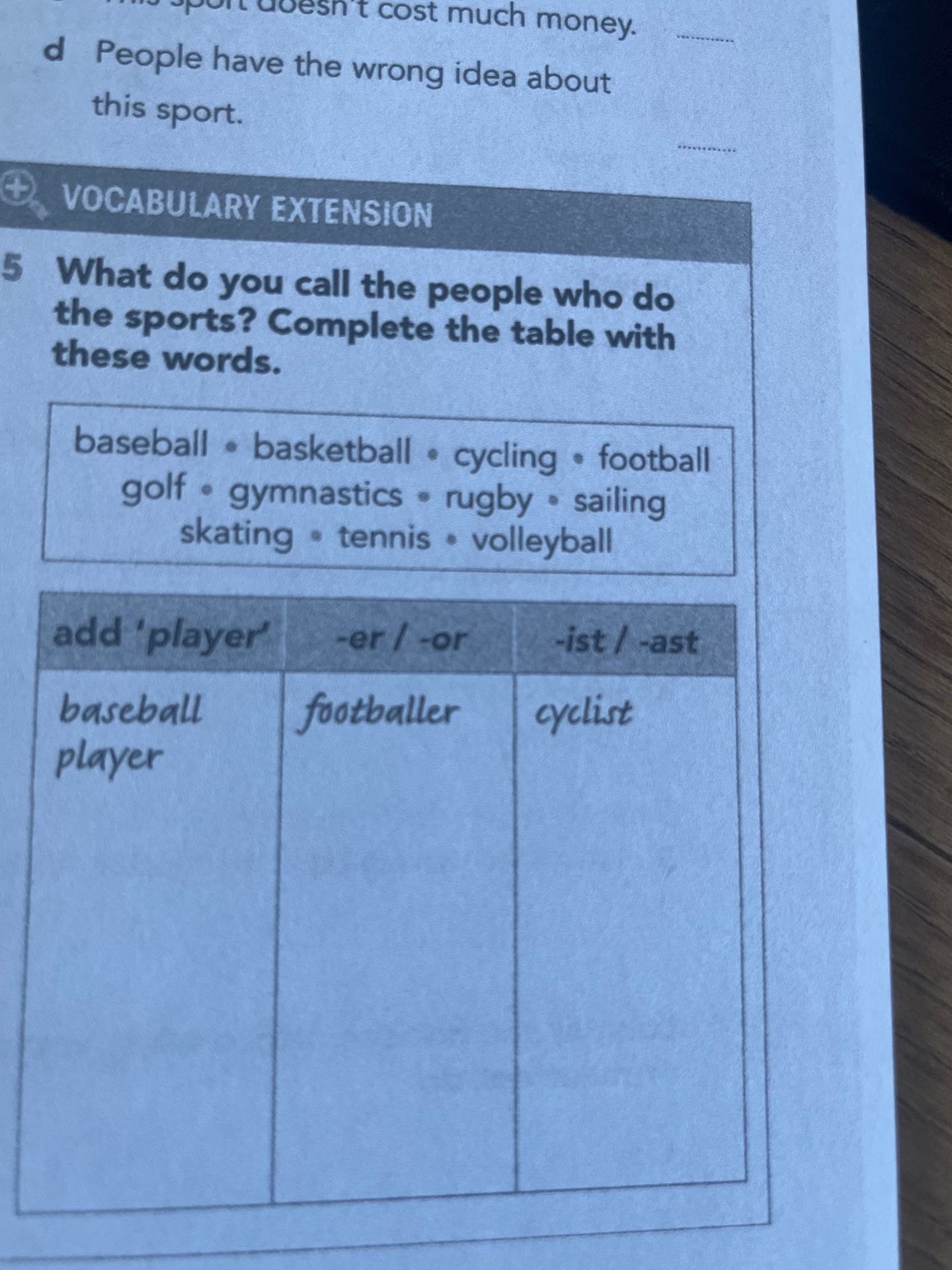 Фото задания: 5. What do you call the people who do the sports? Complete the table with these words: baseball, basketball, cycling,…
