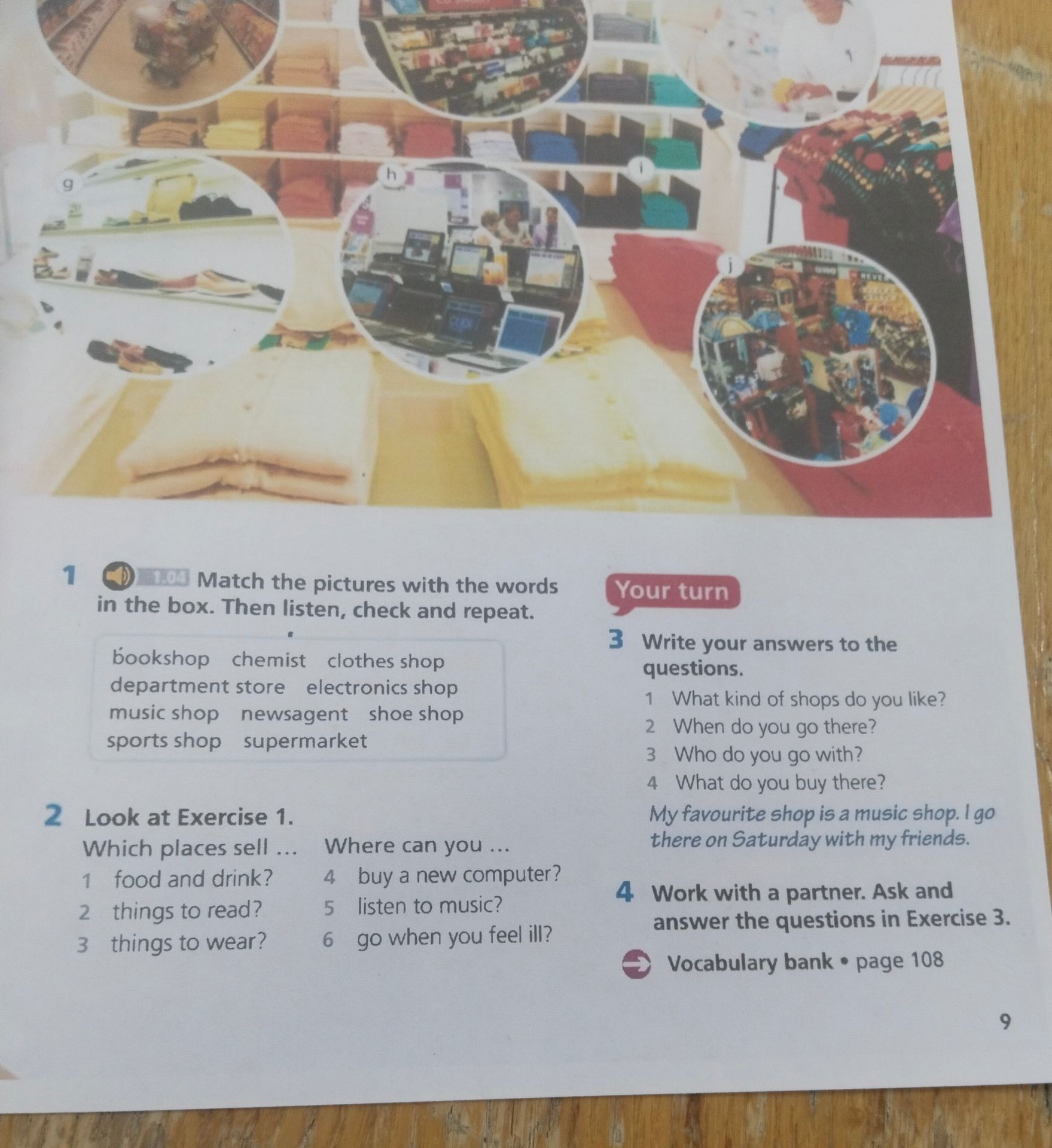 Фото задания: 2. Look at Exercise 1. Which places sell … 1) food and drink? 2) things to read? 3) things to wear? Where can you … 4) buy…