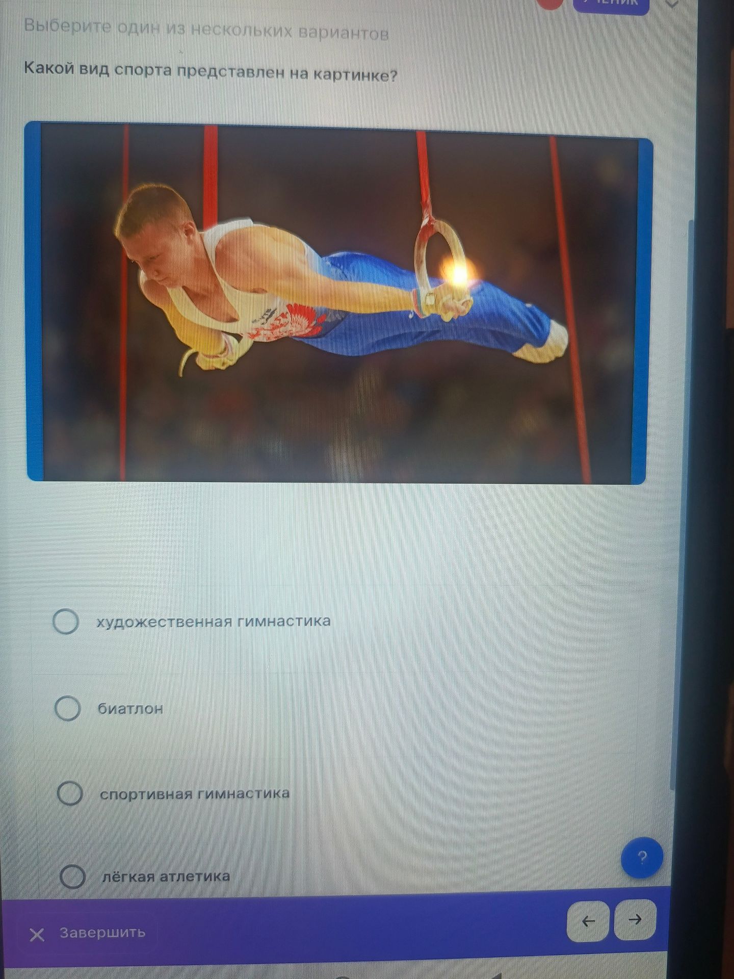 Фото задания: Какой вид спорта представлен на картинке? Выберите один вариант: художественная гимнастика, биатлон, спортивная гимнастика,…
