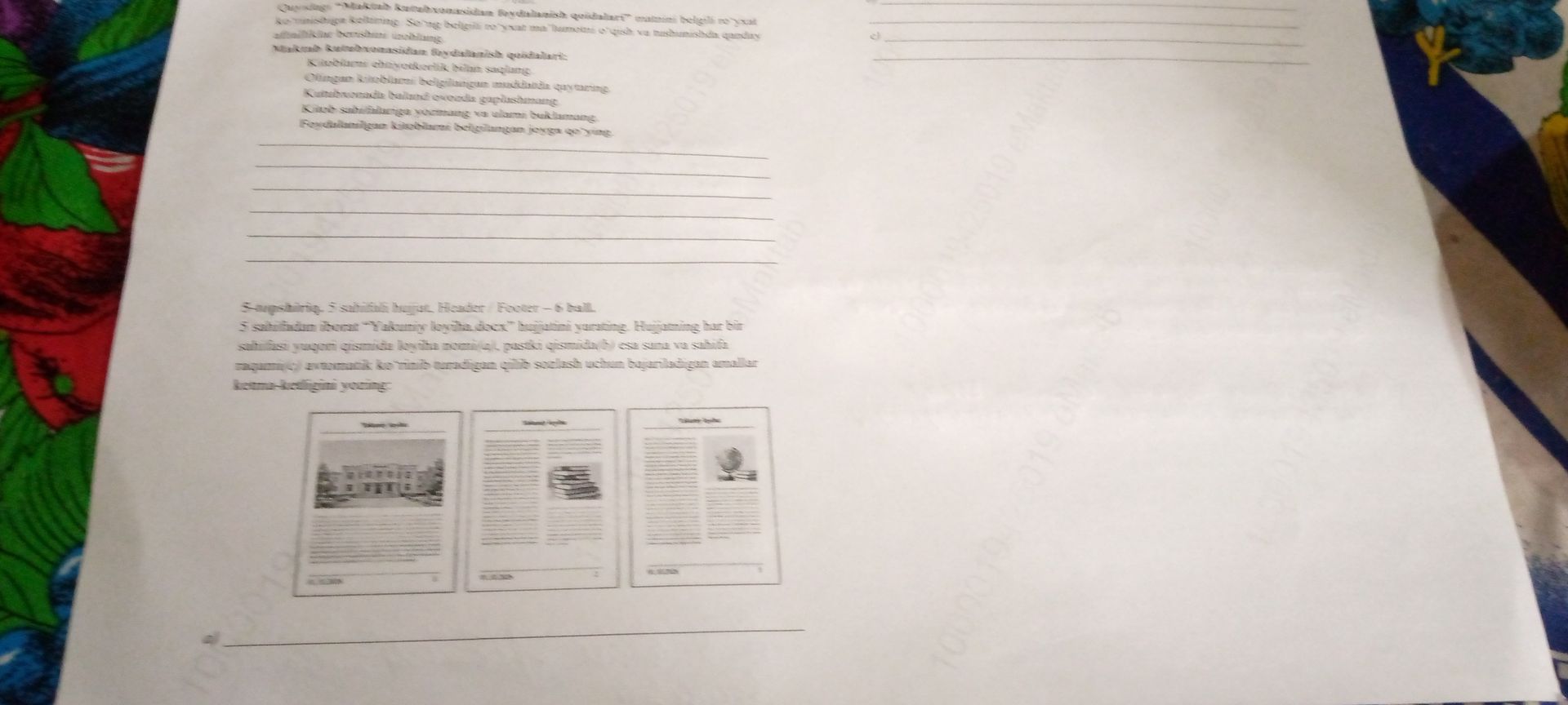 Фото задания: 5-topshiriq. 5 sahifadan iborat “Yakuniy loyiha.docx” hujjatini yarating. Hujjatning har bir sahifasi yuqori qismida loyiha…