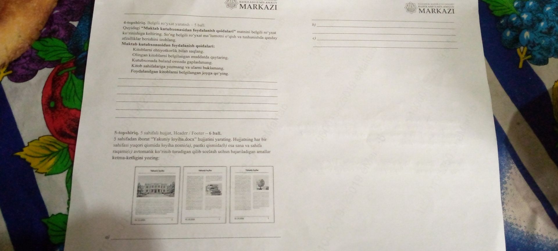 Фото задания: 5-topshiriq. 5 sahifali hujjat, Header / Footer – 6 ball. 5 sahifadan iborat “Yakuniy loyiha.docx” hujjatini yarating.…