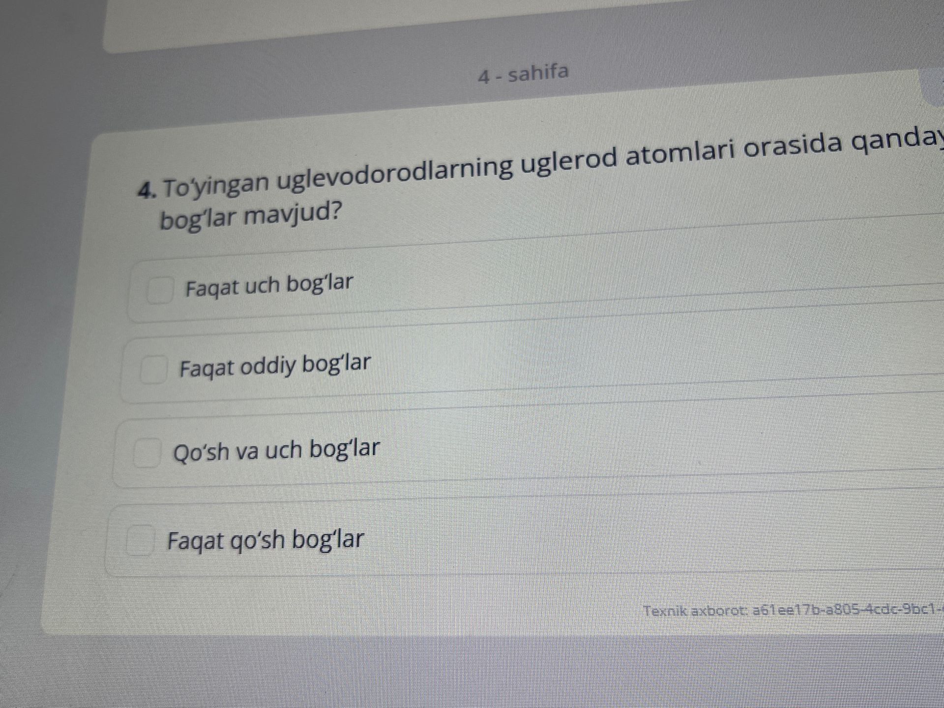 Фото задания: 4. To‘yingan uglevodorodlarning uglerod atomlari orasida qanday bog‘lar mavjud? A) Faqat uch bog‘lar. B) Faqat oddiy bog‘lar.…