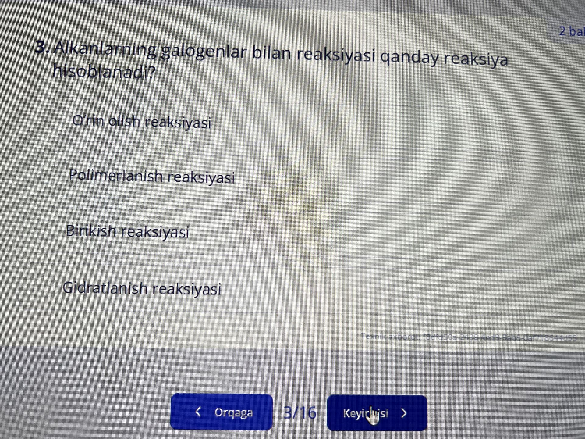 Фото задания: 3. Alkanlarning galogenlar bilan reaksiyasi qanday reaksiya hisoblanadi? A) O‘rin olish reaksiyasi; B) Polimerlanish…