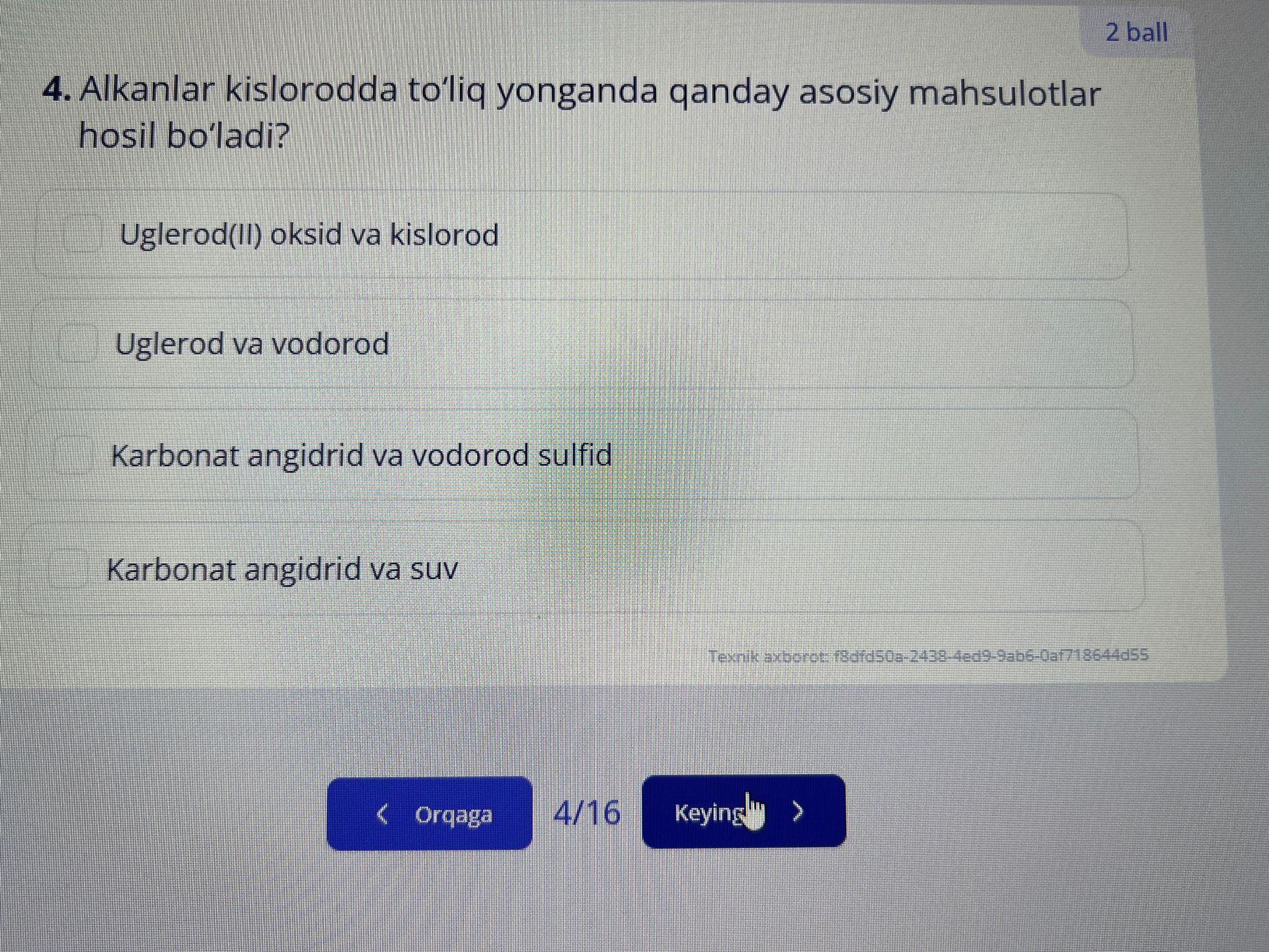 Фото задания: 4. Alkanlar kislorodda to‘liq yonganda qanday asosiy mahsulotlar hosil bo‘ladi? A) Uglerod(II) oksid va kislorod; B)…