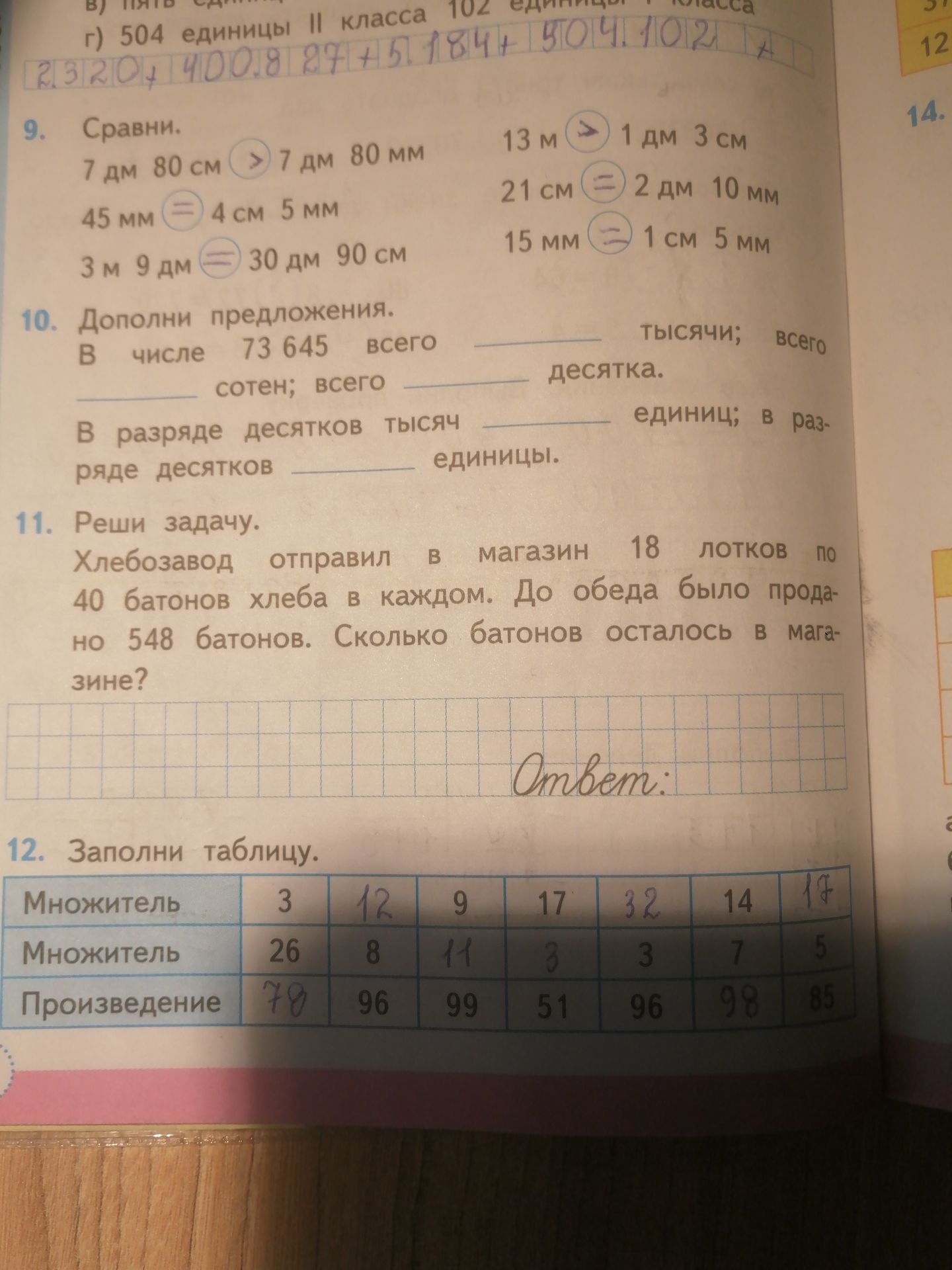 Фото задания: 12. Заполни таблицу: множители — 3, __, 9, 17, __, 14, __; множители — 26, 8, __, 3, 3, 7, 5; произведения — __, 96, 99,…