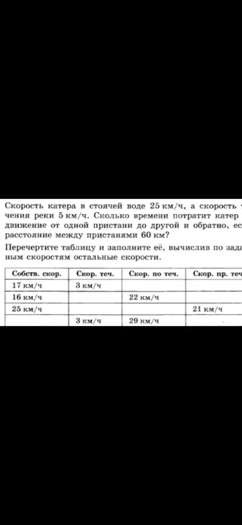 Фото задания: Скорость катера в стоячей воде 25 км/ч, а скорость течения реки 5 км/ч. Сколько времени потратит катер на движение от одной…