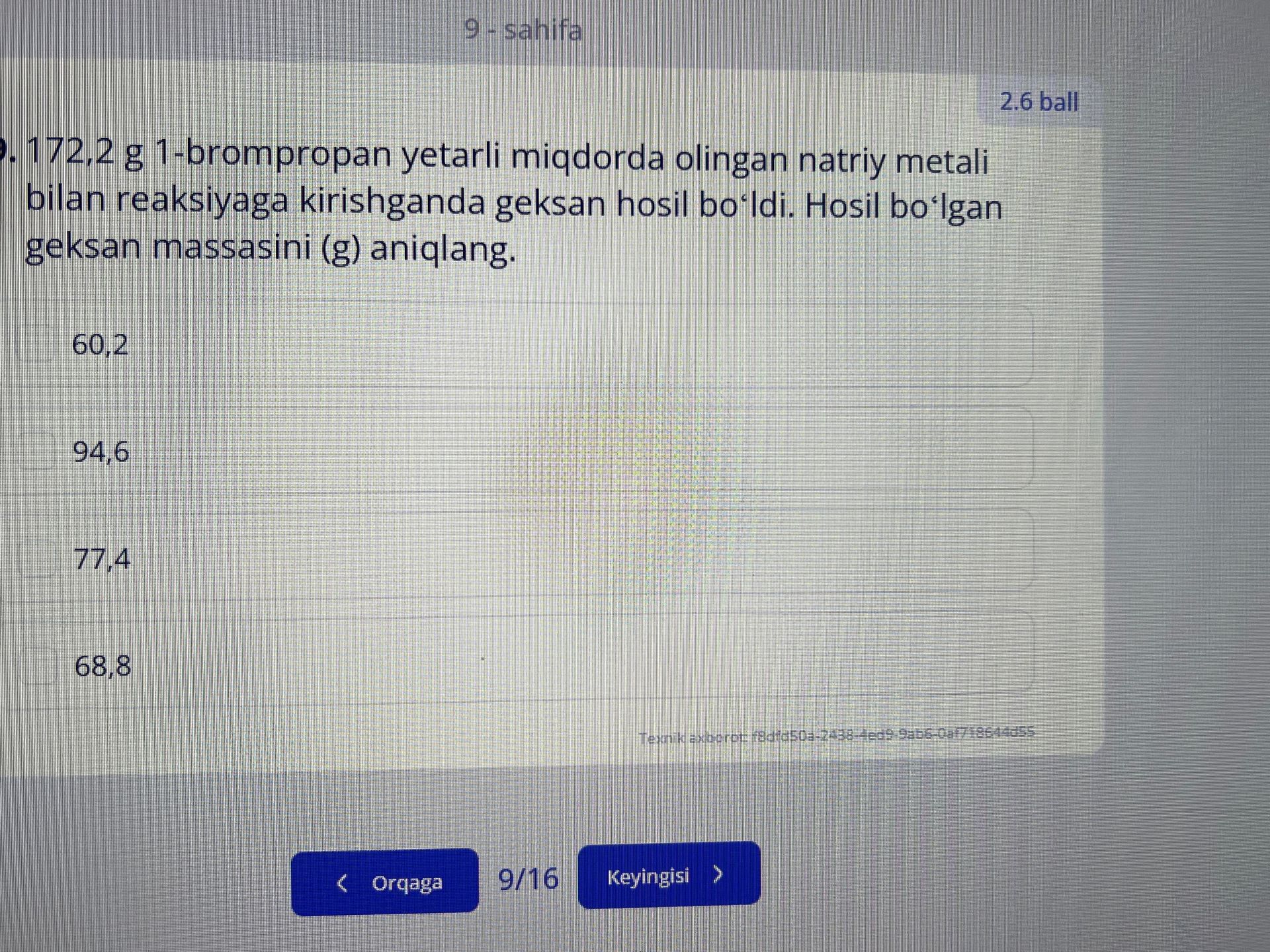 Фото задания: 172,2 g 1-brompropan yetarli miqdorda olingan natriy metali bilan reaksiyaga kirishganda geksan hosil bo‘ldi. Hosil bo‘lgan…