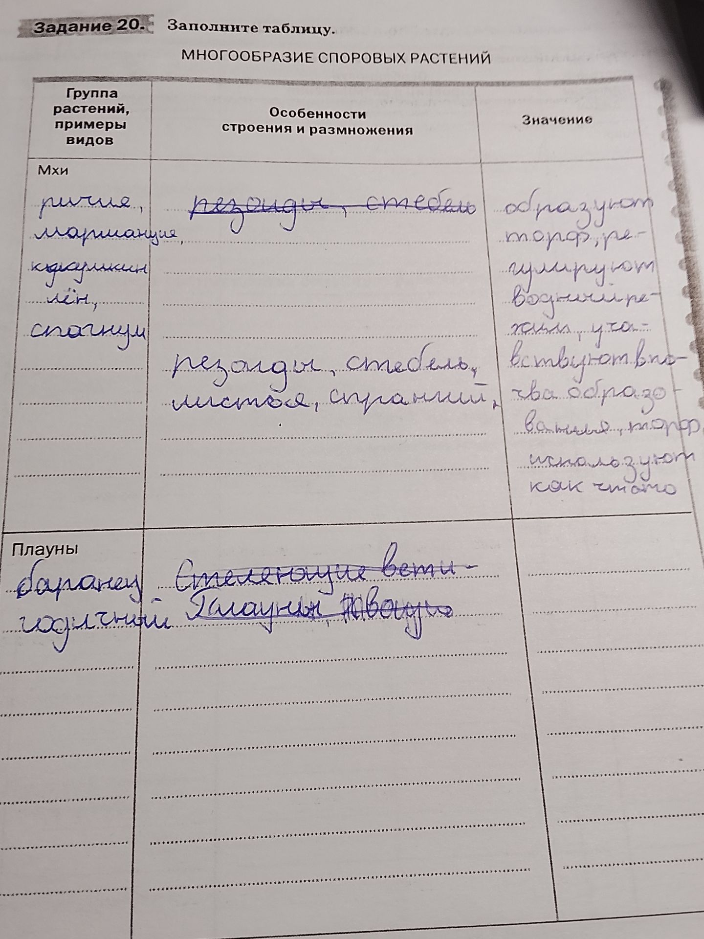 Фото задания: Задание 20. Заполните таблицу «Многообразие споровых растений» (видимые строки: мхи и плауны).