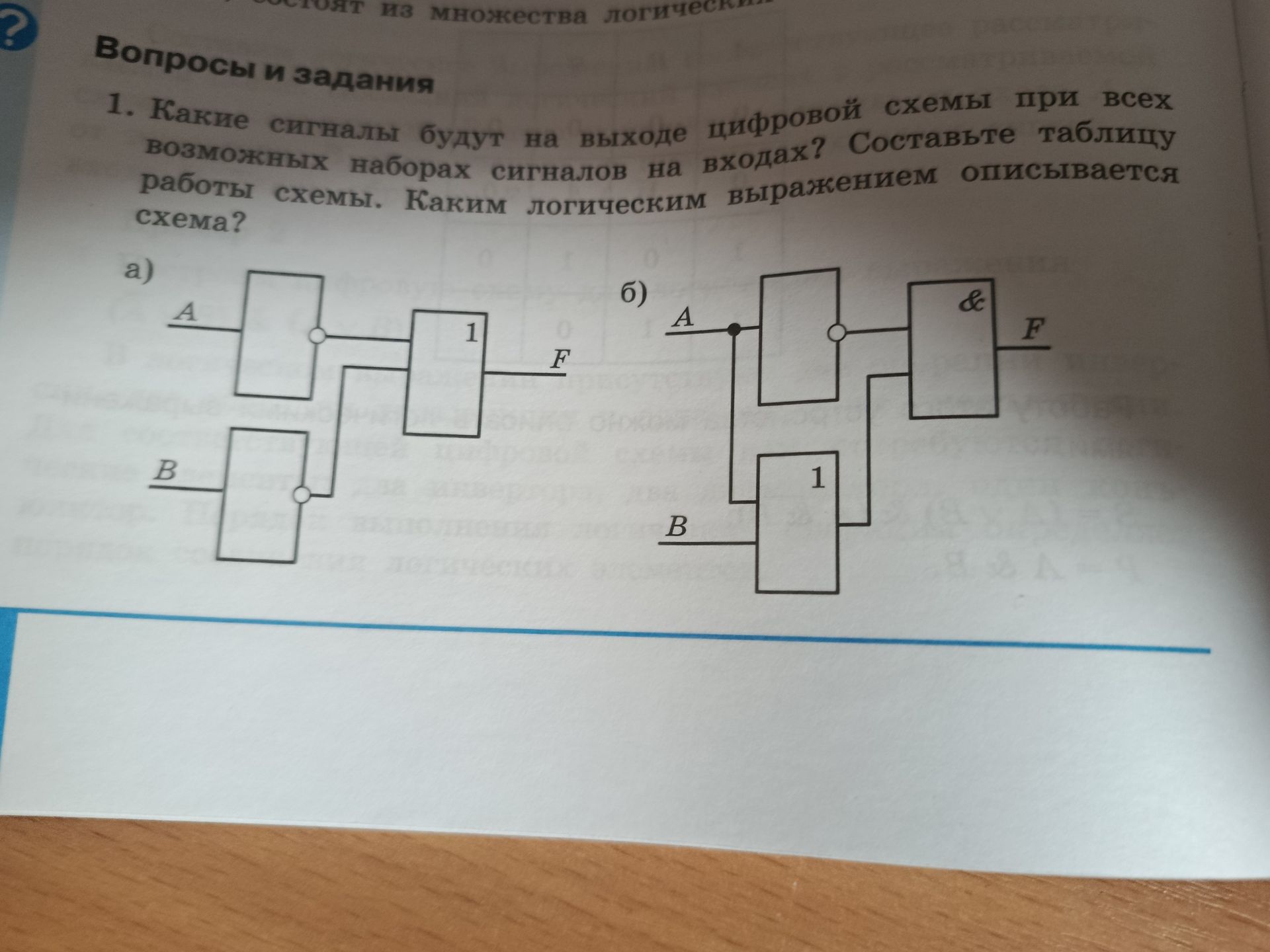 Фото задания: 1. Какие сигналы будут на выходе цифровой схемы при всех возможных наборах сигналов на входах? Составьте таблицу работы…