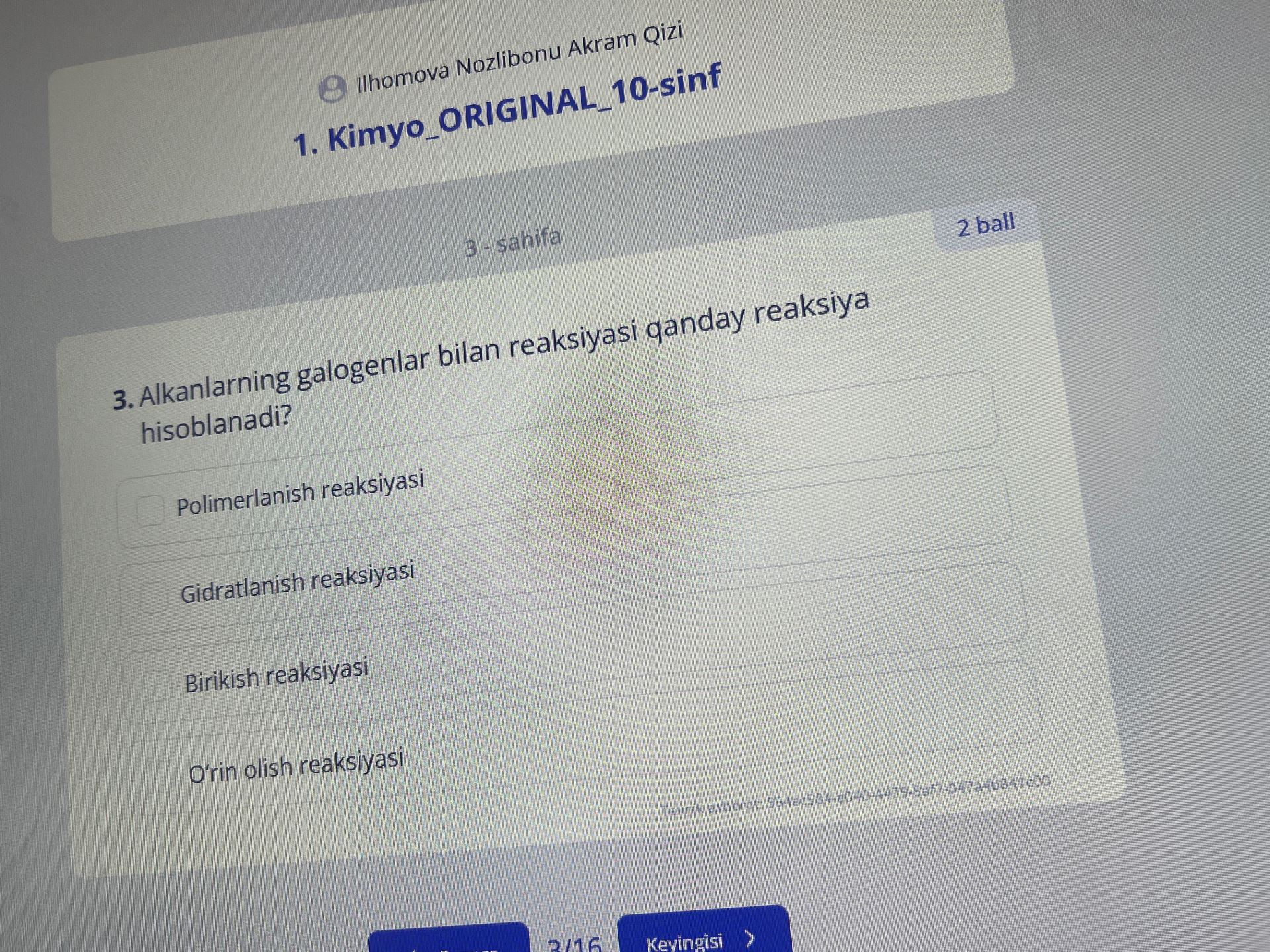 Фото задания: 3. Alkanlarning galogenlar bilan reaksiyasi qanday reaksiya hisoblanadi? A) Polimerlanish reaksiyasi; B) Gidratlanish…
