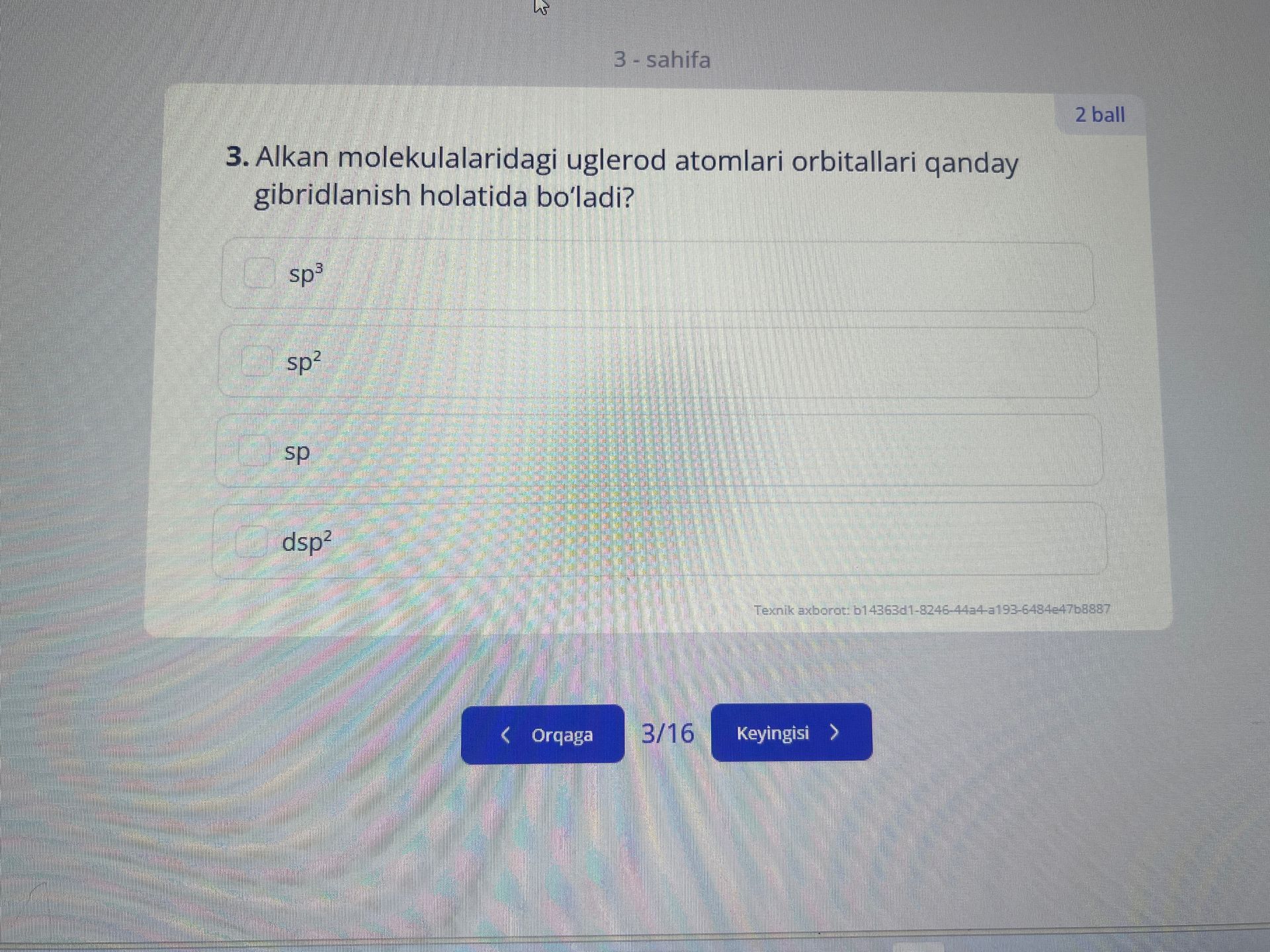 Фото задания: 3. Alkan molekulalaridagi uglerod atomlari orbitallari qanday gibridlanish holatida bo‘ladi? sp³, sp², sp, dsp²