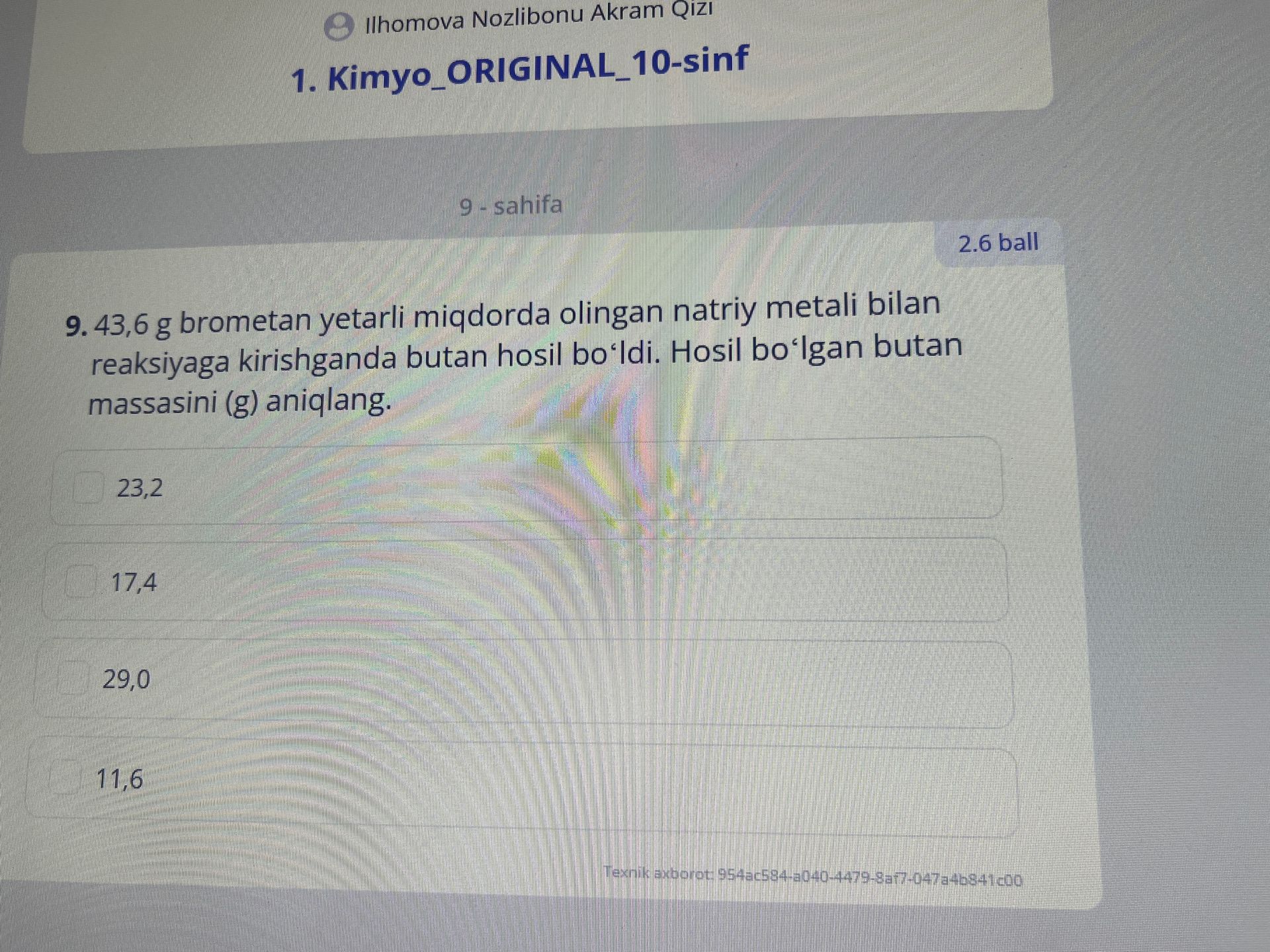 Фото задания: 9. 43,6 g brometан yetarli miqdorda olingan natriy metali bilan reaksiyaga kirishganda butan hosil bo‘ldi. Hosil bo‘lgan…