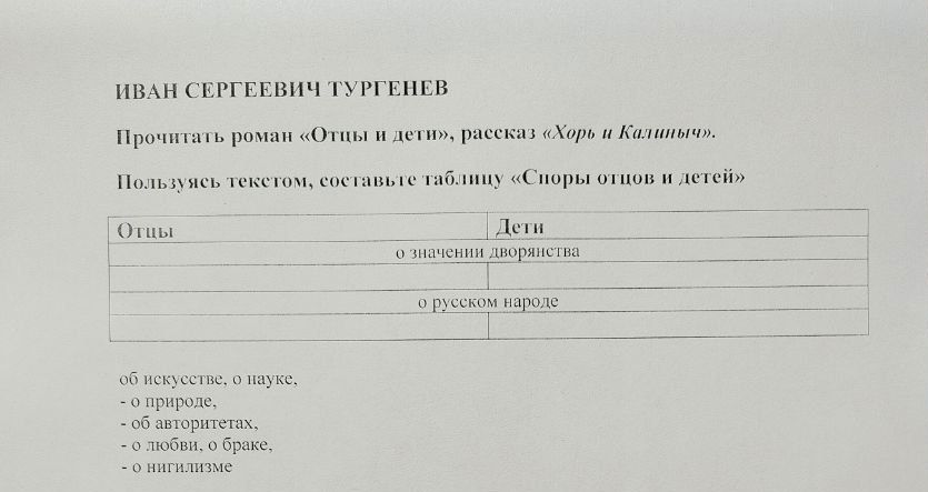 Фото задания: Иван Сергеевич Тургенев. Прочитать роман «Отцы и дети», рассказ «Хорь и Калиныч». Пользуясь текстом, составьте таблицу «Споры…