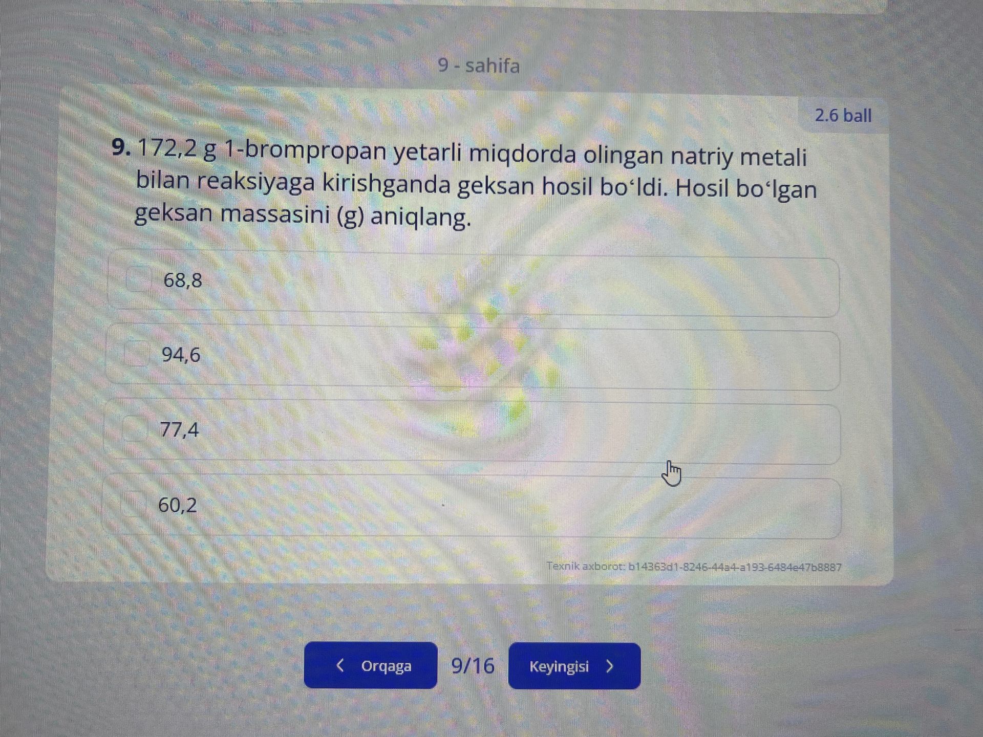 Фото задания: 9. 172,2 g 1-brompropan yetarli miqdorda olingan natriy metali bilan reaksiyaga kirishganda geksan hosil bo‘ldi. Hosil…