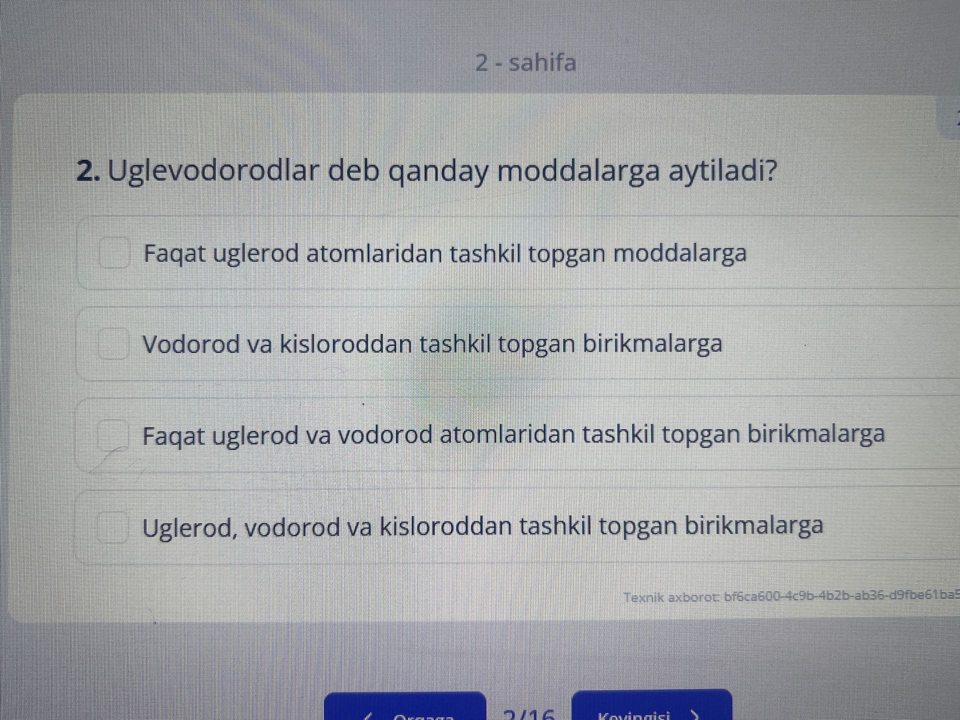 Фото задания: 2. Uglevodorodlar deb qanday moddalarga aytiladi? A) Faqat uglerod atomlaridan tashkil topgan moddalarga. B) Vodorod va…