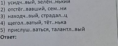 Фото задания: 1) усидч..вый, зелён..нький 2) отстёг..ваший, сем..ни 3) находч..вый, страдал..ц 4) щегол..ватый, тёт..нька 5)…