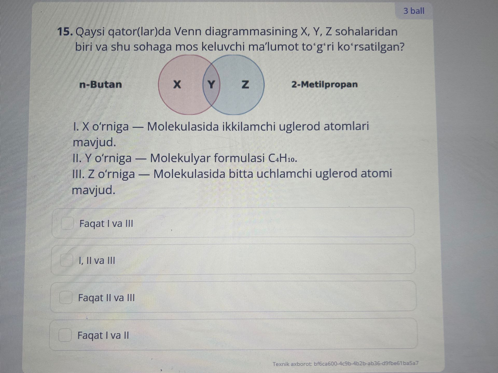 Фото задания: 15. Qaysi qator(lar)da Venn diagrammasining X, Y, Z sohalaridan biri va shu sohaga mos keluvchi ma’lumot to‘g‘ri…