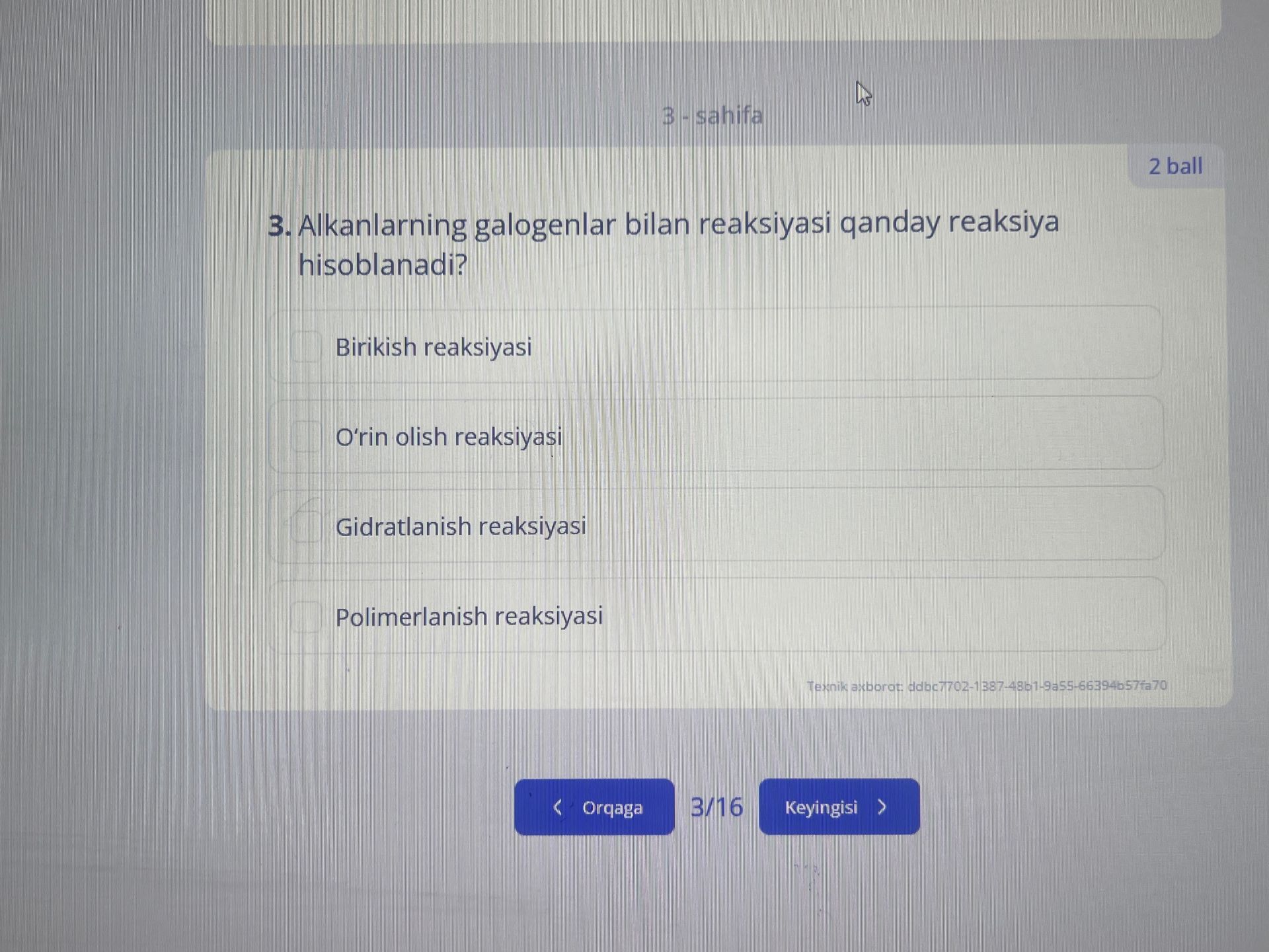 Фото задания: 3. Alkanlarning galogenlar bilan reaksiyasi qanday reaksiya hisoblanadi? Birikish reaksiyasi; o‘rin olish reaksiyasi;…