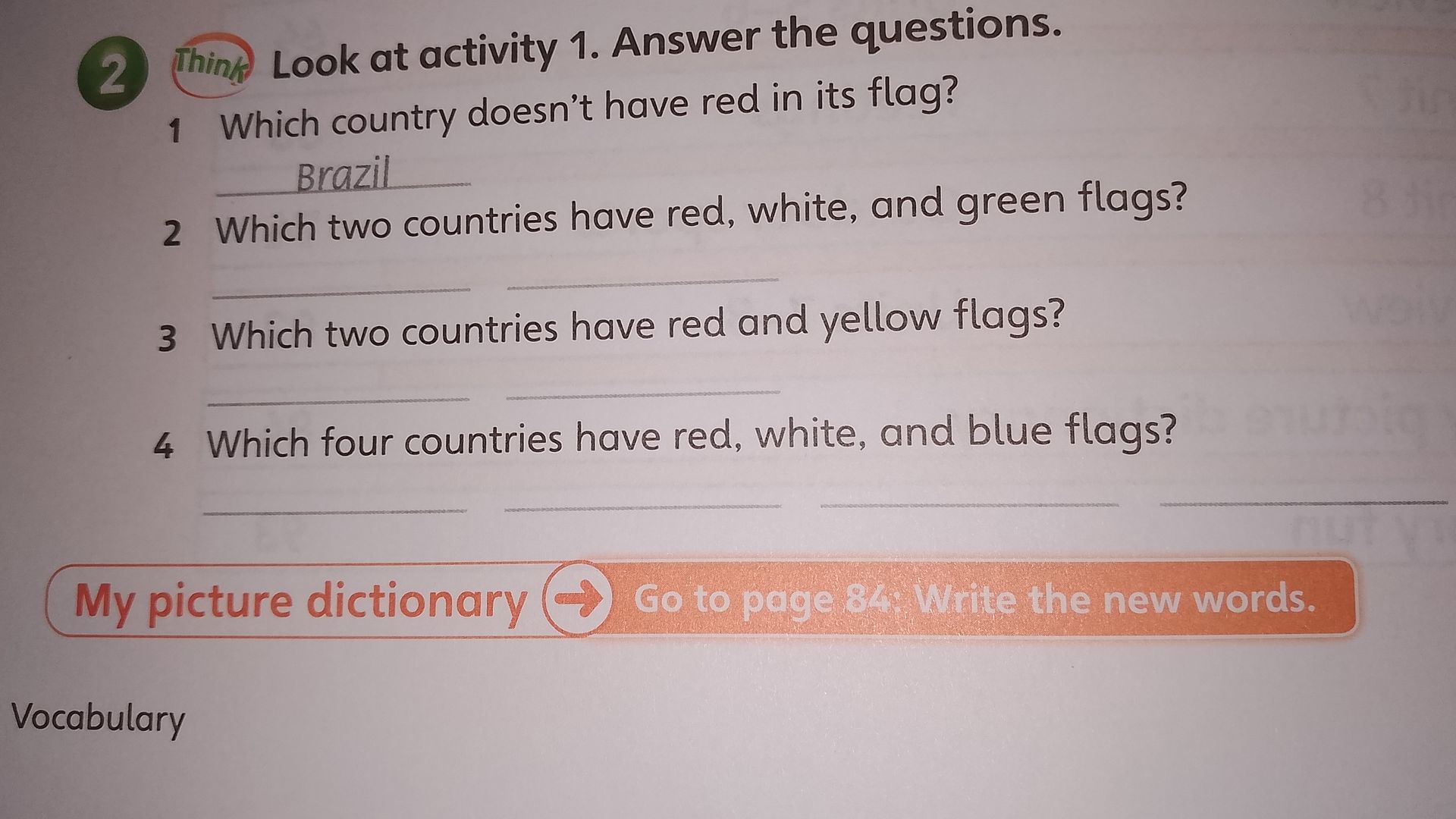 Фото задания: 2. Look at activity 1. Answer the question: Which two countries have red, white, and green flags?