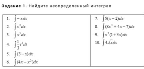 Фото задания: Задание 1. Найдите неопределённый интеграл: 1) \(\int -x\,dx\); 2) \(\int x^2\,dx\); 3) \(\int x^3\,dx\); 4) \(\int…