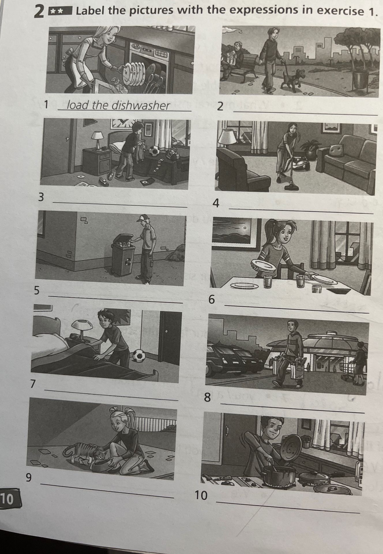 Фото задания: 2. Label the pictures with the expressions in exercise 1. (The example for picture 1 is “load the dishwasher”.)