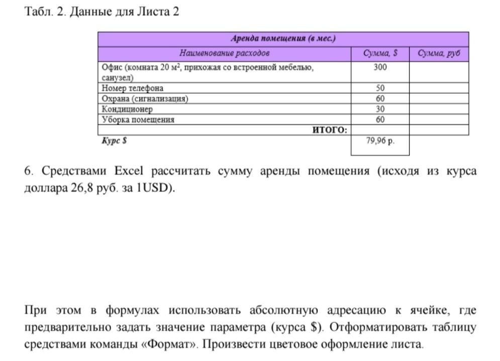 Фото задания: 6. Средствами Excel рассчитать сумму аренды помещения (исходя из курса доллара 26,8 руб. за 1 USD). При этом в формулах…