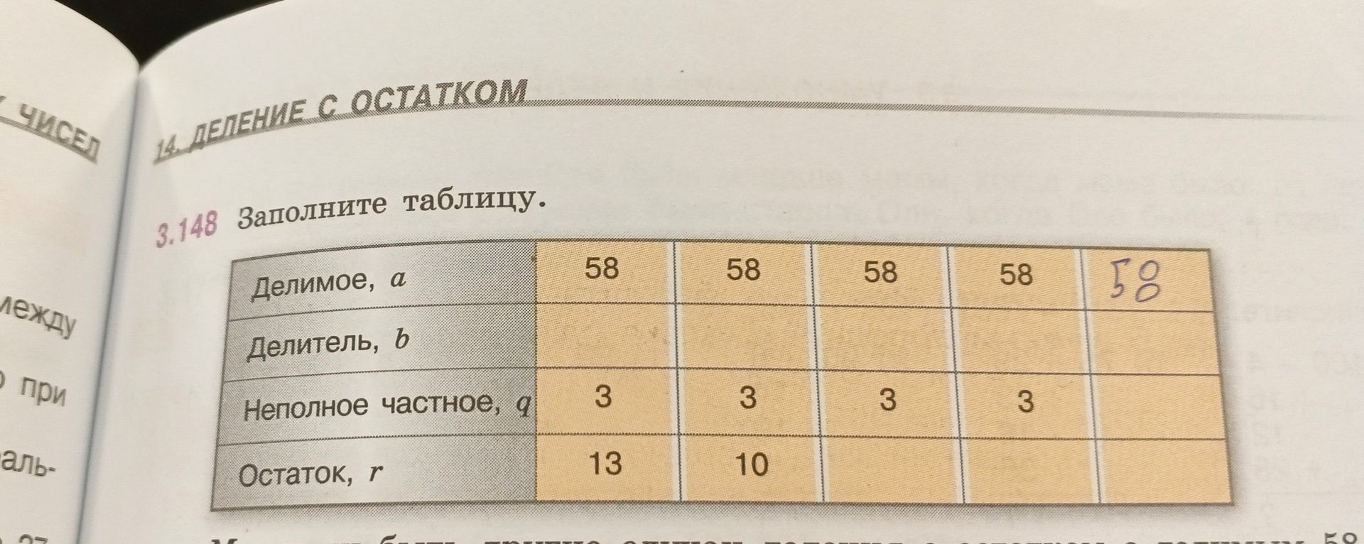 Фото задания: 3.148. Заполните таблицу: делимое a — 58, 58, 58, 58; делитель b — пусто; неполное частное q — 3, 3, 3, 3; остаток r — 13,…