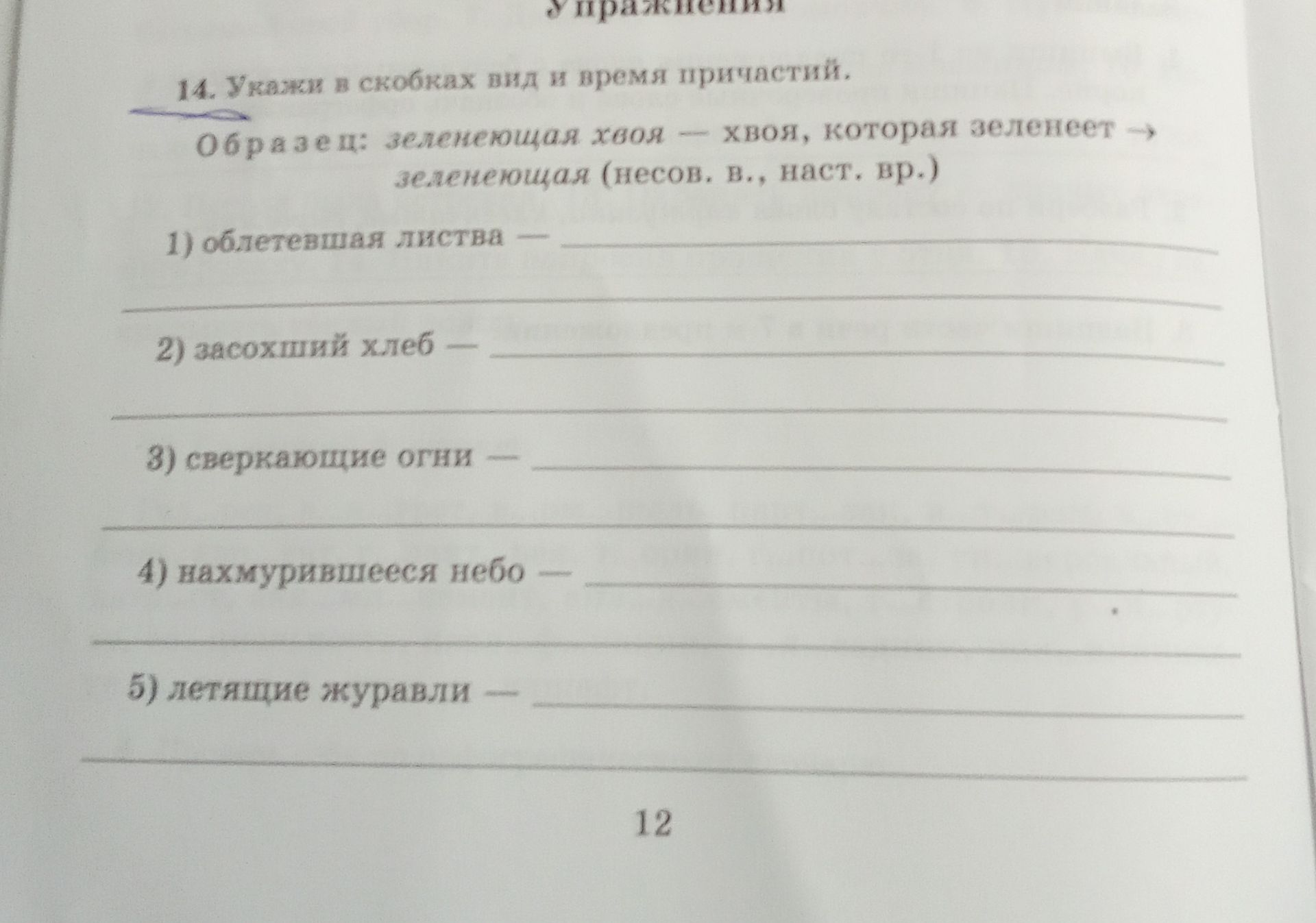 Фото задания: 14. Укажи в скобках вид и время причастий. Образец: зеленеющая хвоя — хвоя, которая зеленеет → зеленеющая (несов. в., наст.…