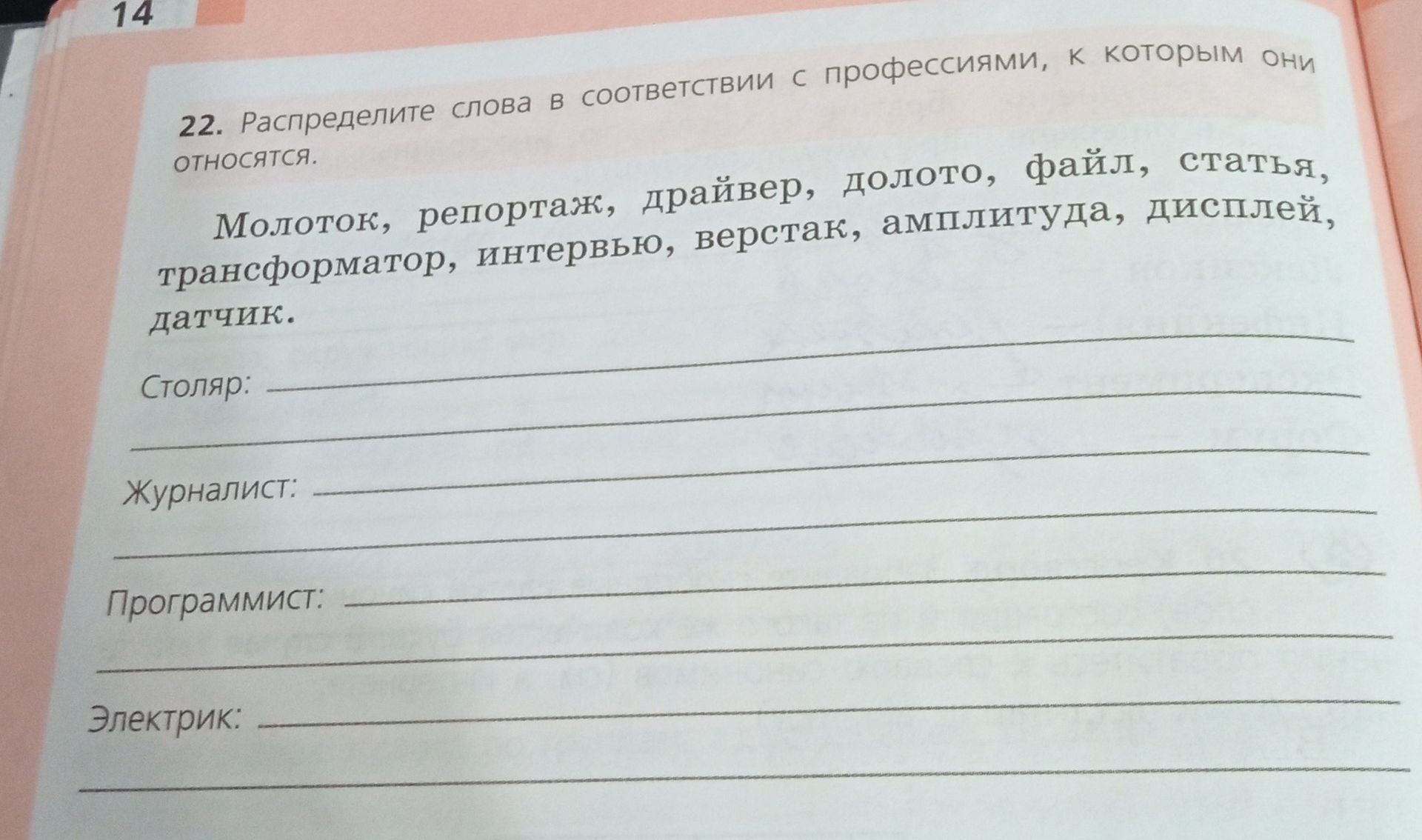 Фото задания: 22. Распределите слова в соответствии с профессиями, к которым они относятся: молоток, репортаж, драйвер, долото, файл,…