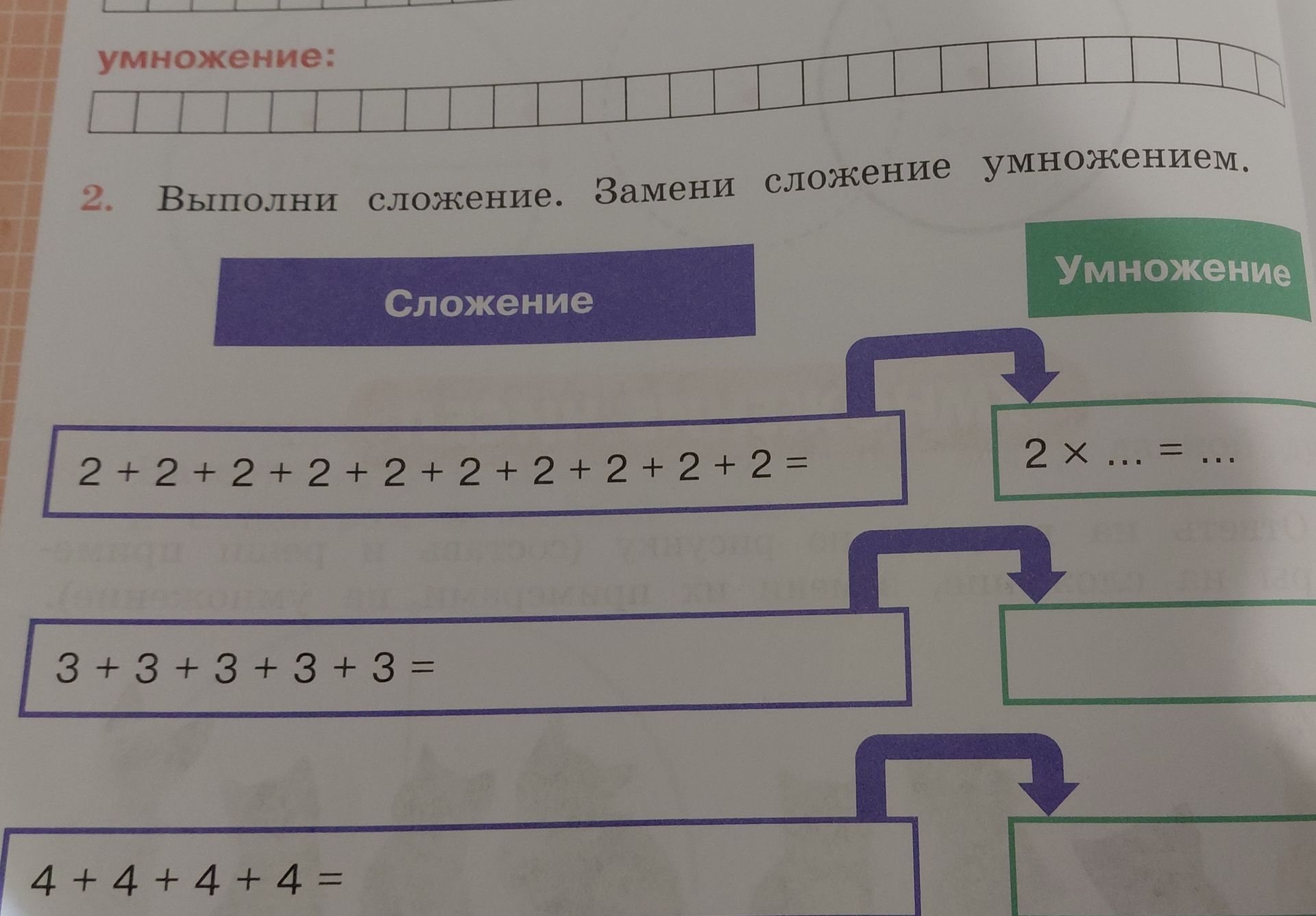 Фото задания: 2. Выполни сложение. Замени сложение умножением: 2 + 2 + 2 + 2 + 2 + 2 + 2 + 2 + 2 + 2 =; 3 + 3 + 3 + 3 + 3 =; 4 + 4 + 4 +…