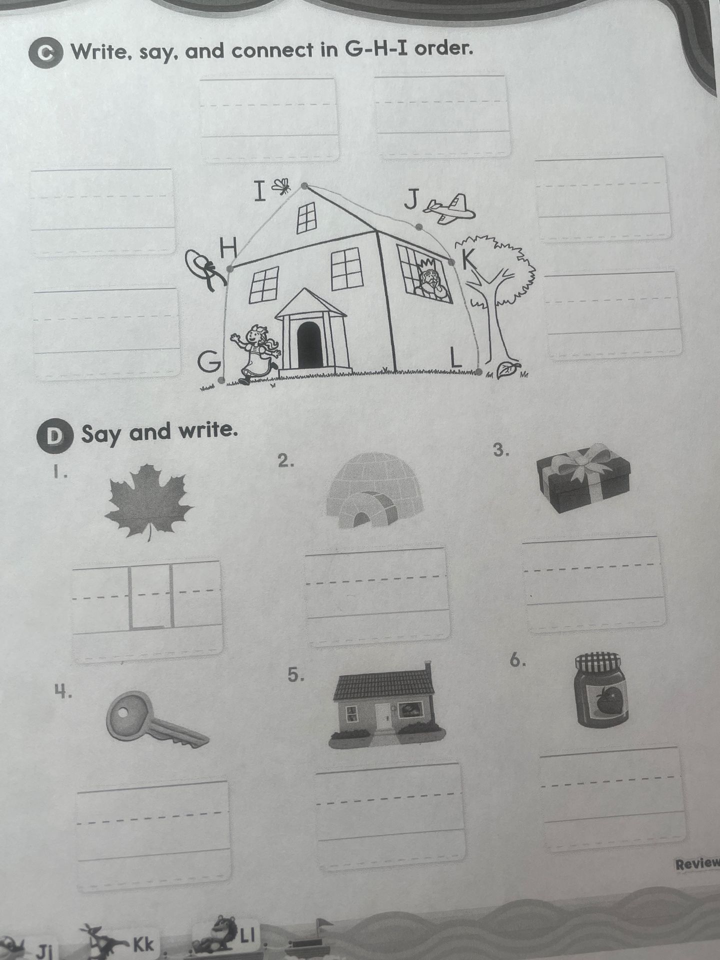 Фото задания: C. Write, say, and connect in G-H-I order.