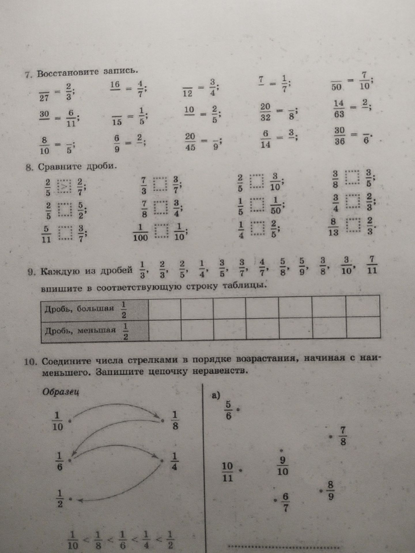 Фото задания: 8. Сравните дроби: 2/5 □ 2/7; 2/5 □ 5/2; 5/11 □ 3/7; 7/3 □ 3/7; 7/8 □ 3/4; 1/100 □ 1/10; 2/5 □ 3/10; 1/5 □ 1/50; 1/4 □ 2/5;…