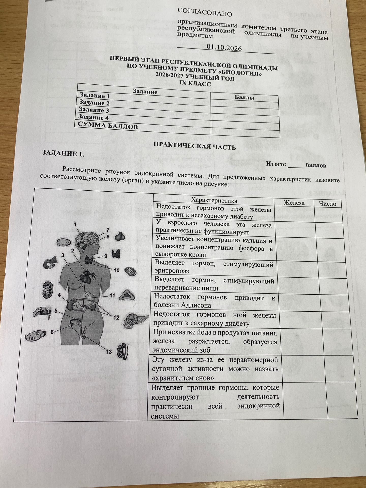 Фото задания: Задание 1. Рассмотрите рисунок эндокринной системы. Для предложенных характеристик назовите соответствующую железу (орган)…