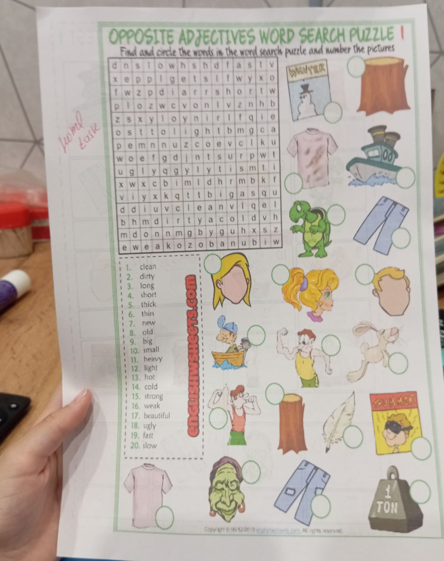 Фото задания: Opposite adjectives word search puzzle. Find and circle the words in the word search puzzle and number the pictures. Word…