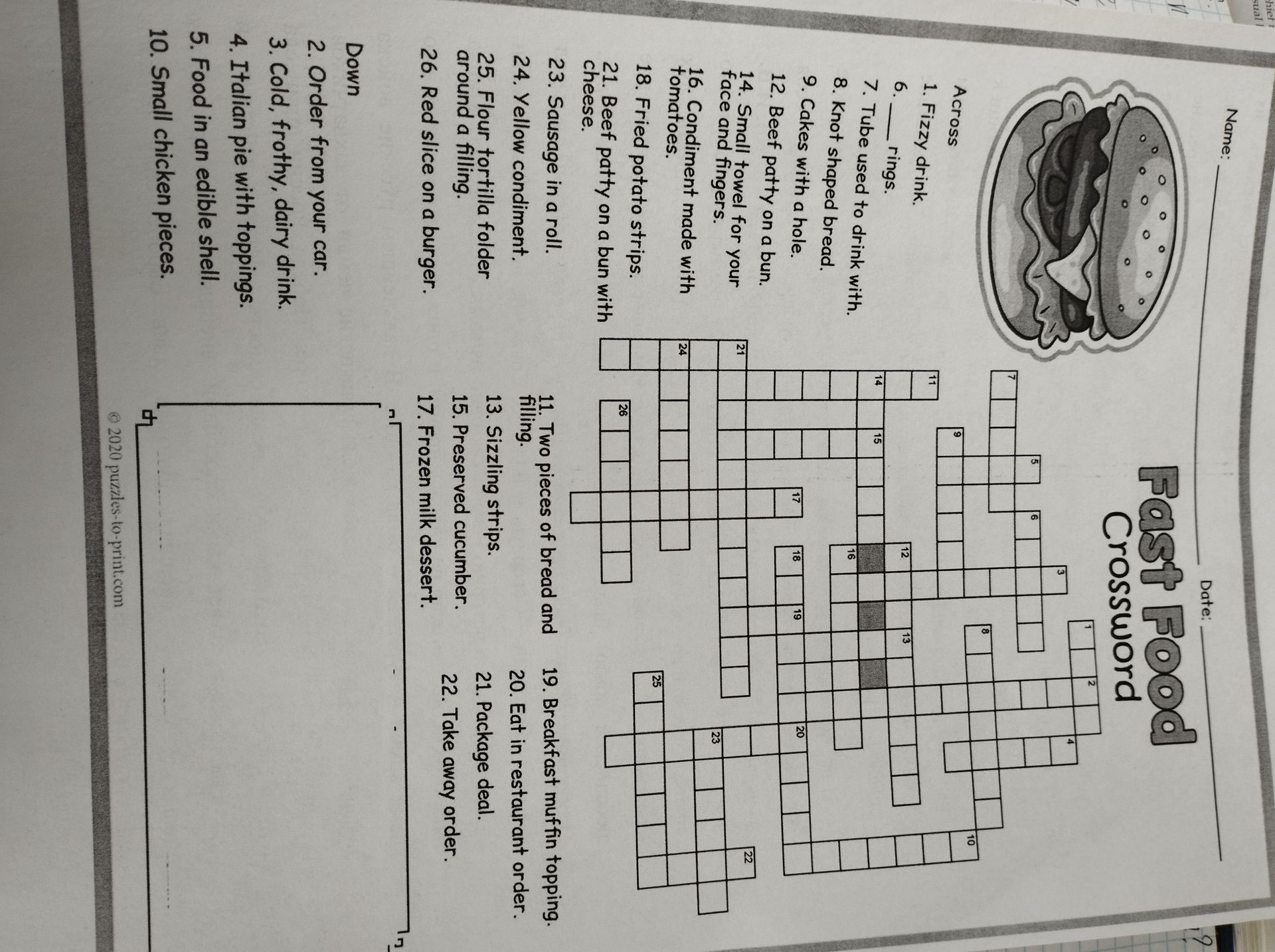 Фото задания: Fast Food Crossword. Across: 1. Fizzy drink. 6. ___ rings. 7. Tube used to drink with. 8. Knot shaped bread. 9. Cakes with…