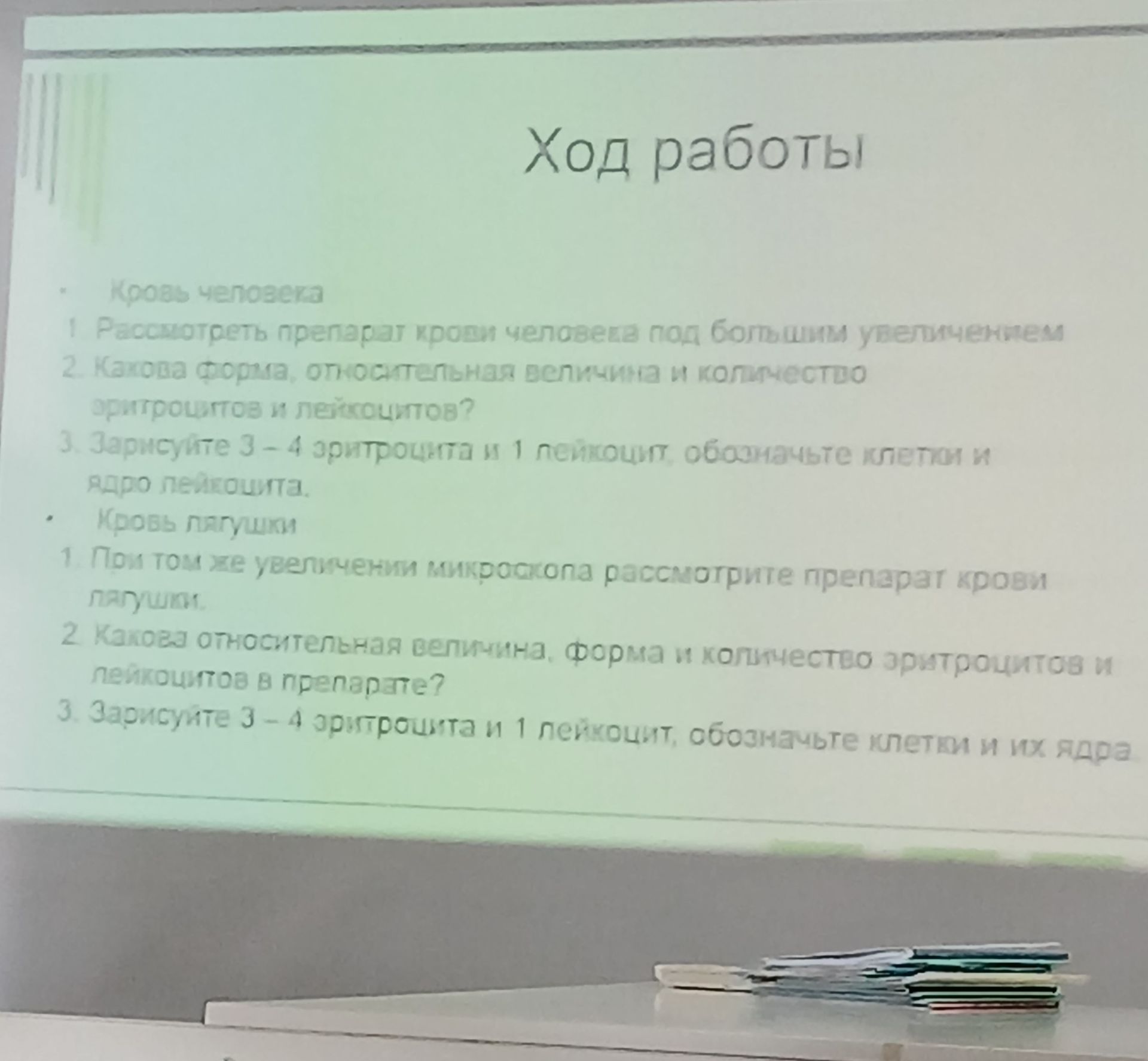 Фото задания: Кровь лягушки. 1. Под тем же увеличением микроскопа рассмотрите препарат крови лягушки. 2. Какова относительная величина,…