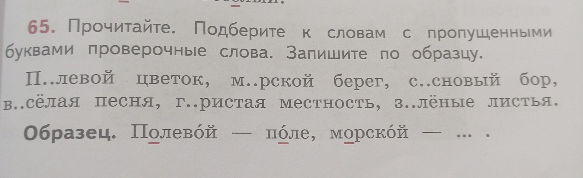 Фото задания: 65. Прочитайте. Подберите к словам с пропущенными буквами проверочные слова. Запишите по образцу. П..левой цветок, м..рской…