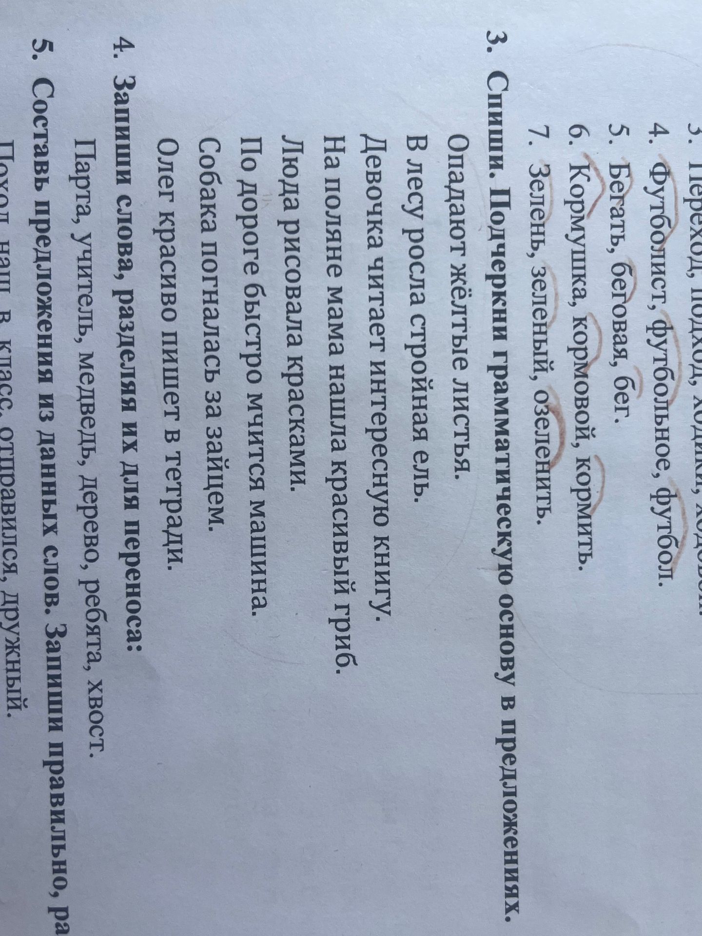 Фото задания: 3. Спиши. Подчеркни грамматическую основу в предложениях. Опадают жёлтые листья. В лесу росла стройная ель. Девочка читает…