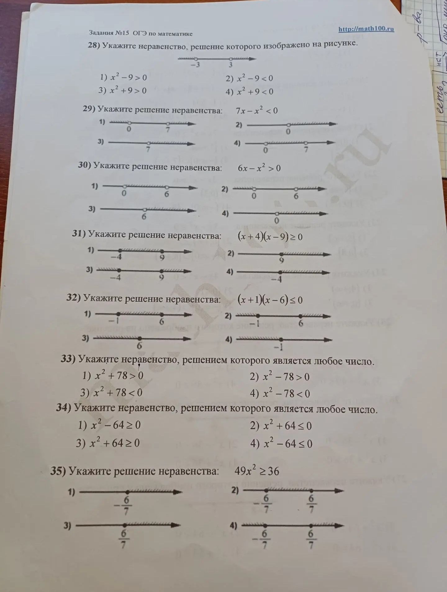 Фото задания: 28) Укажите неравенство, решение которого изображено на рисунке. 1) x² − 9 > 0; 2) x² − 9 < 0; 3) x² + 9 > 0; 4) x² + 9 < 0.